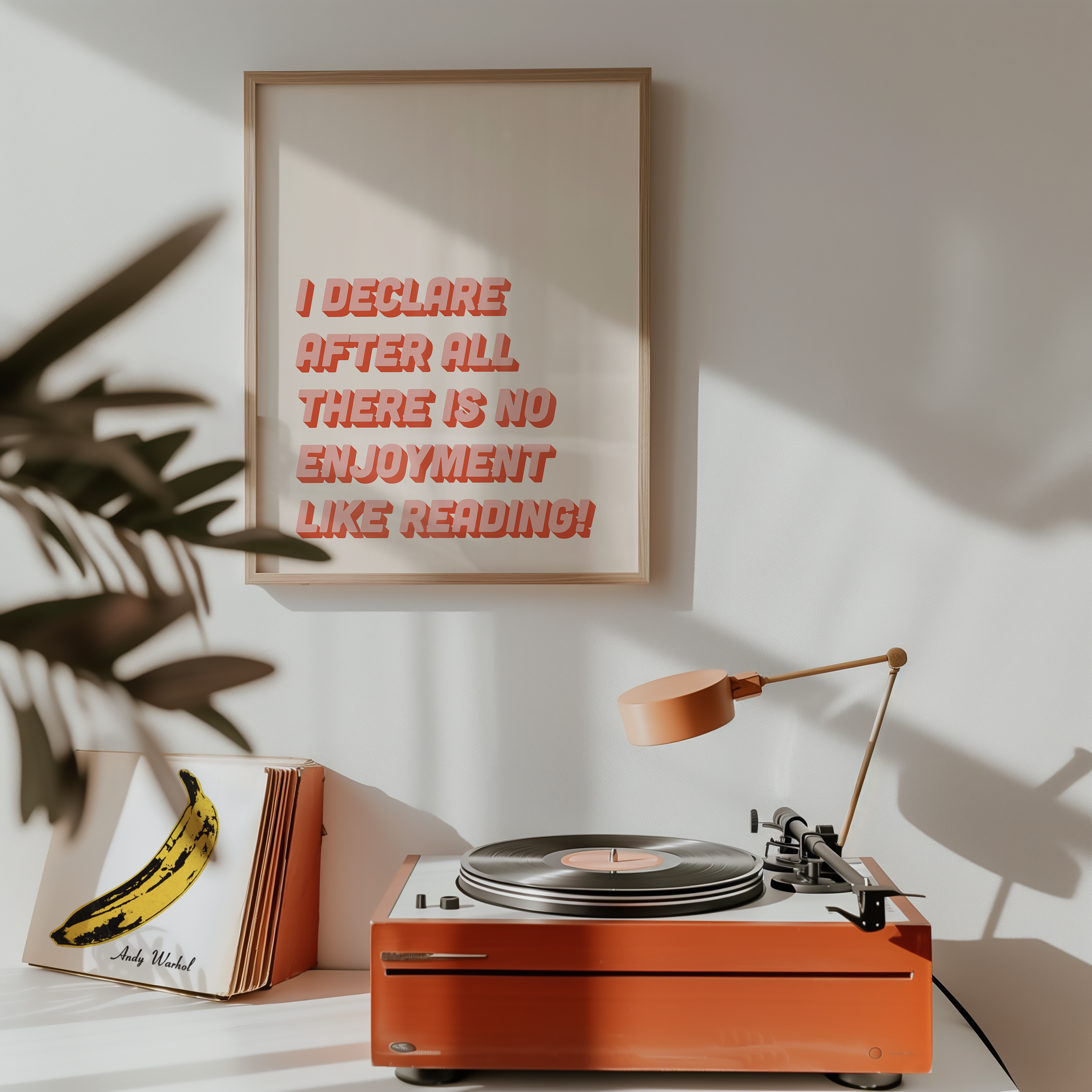 Bold Dopamine decor print poster jane eyre quote “I declare after all there is no enjoyment like reading.” in two tone retro font pink and red