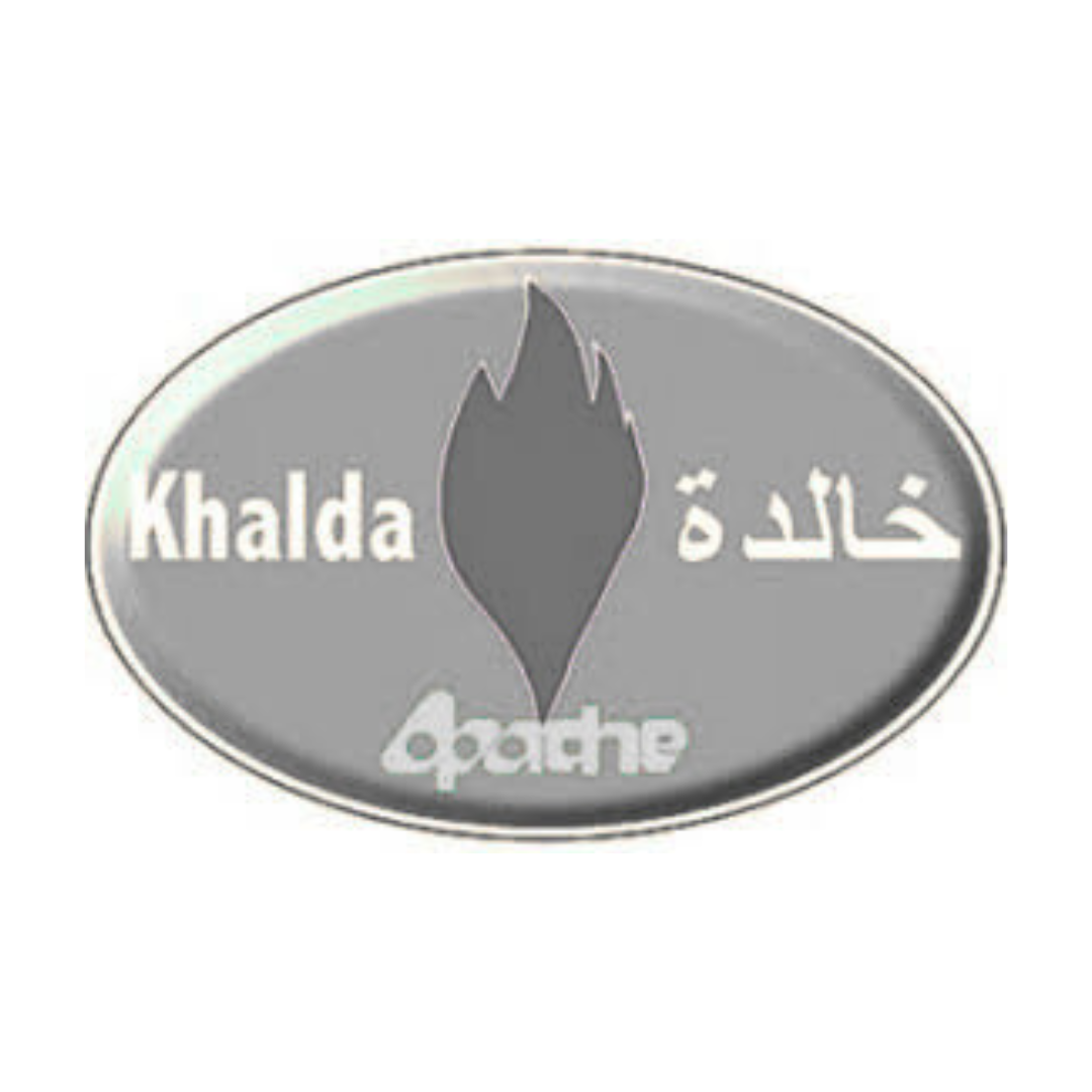 A silver oval-shaped logo with a black flame symbol in the center, surrounded by the words 'Khalda' and Arabic script on either side, and '4x4' at the bottom, representing a brand related to off-road or automotive products.