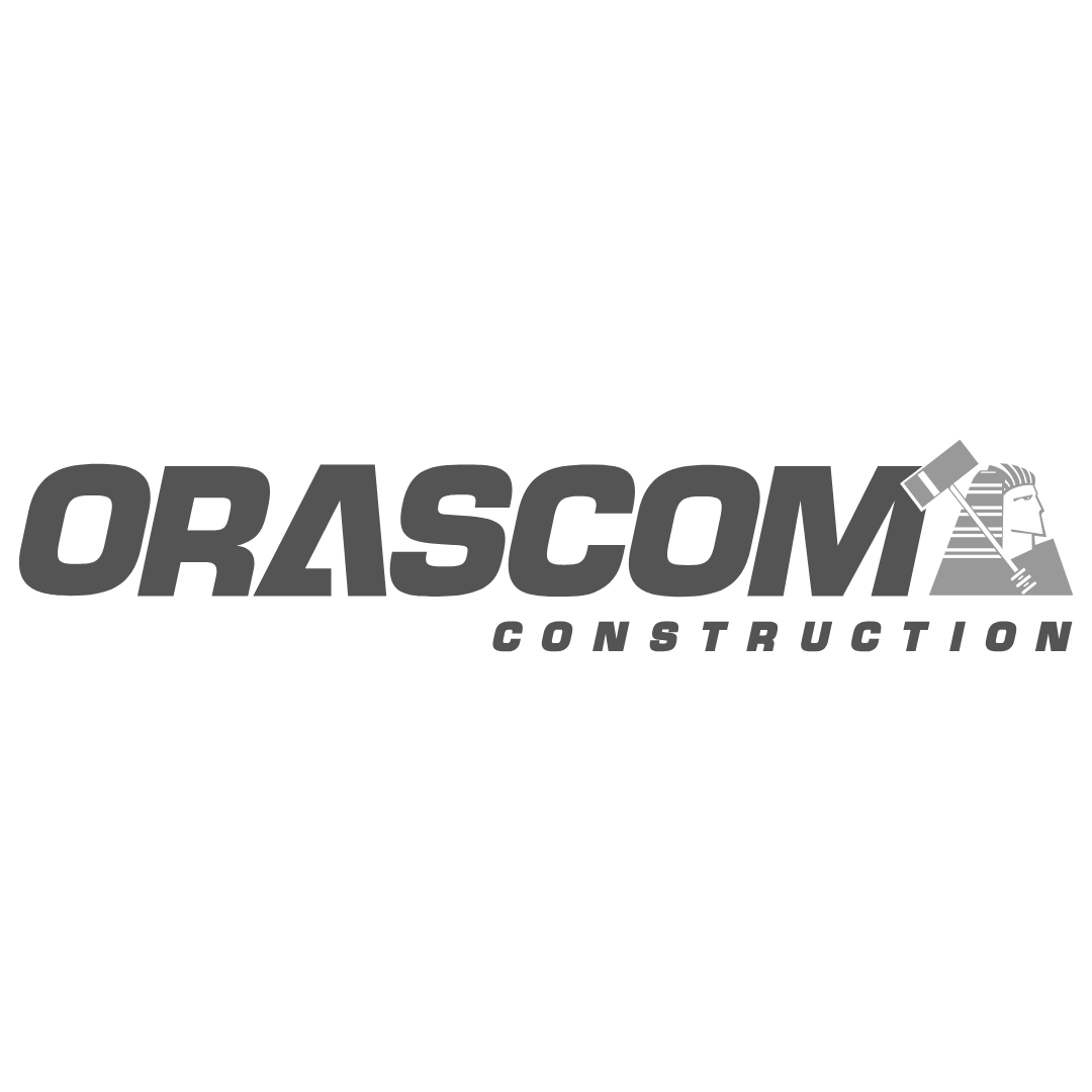 Logo of Orascom Construction featuring bold text and an Egyptian pharaoh's head with a trowel and a chisel.