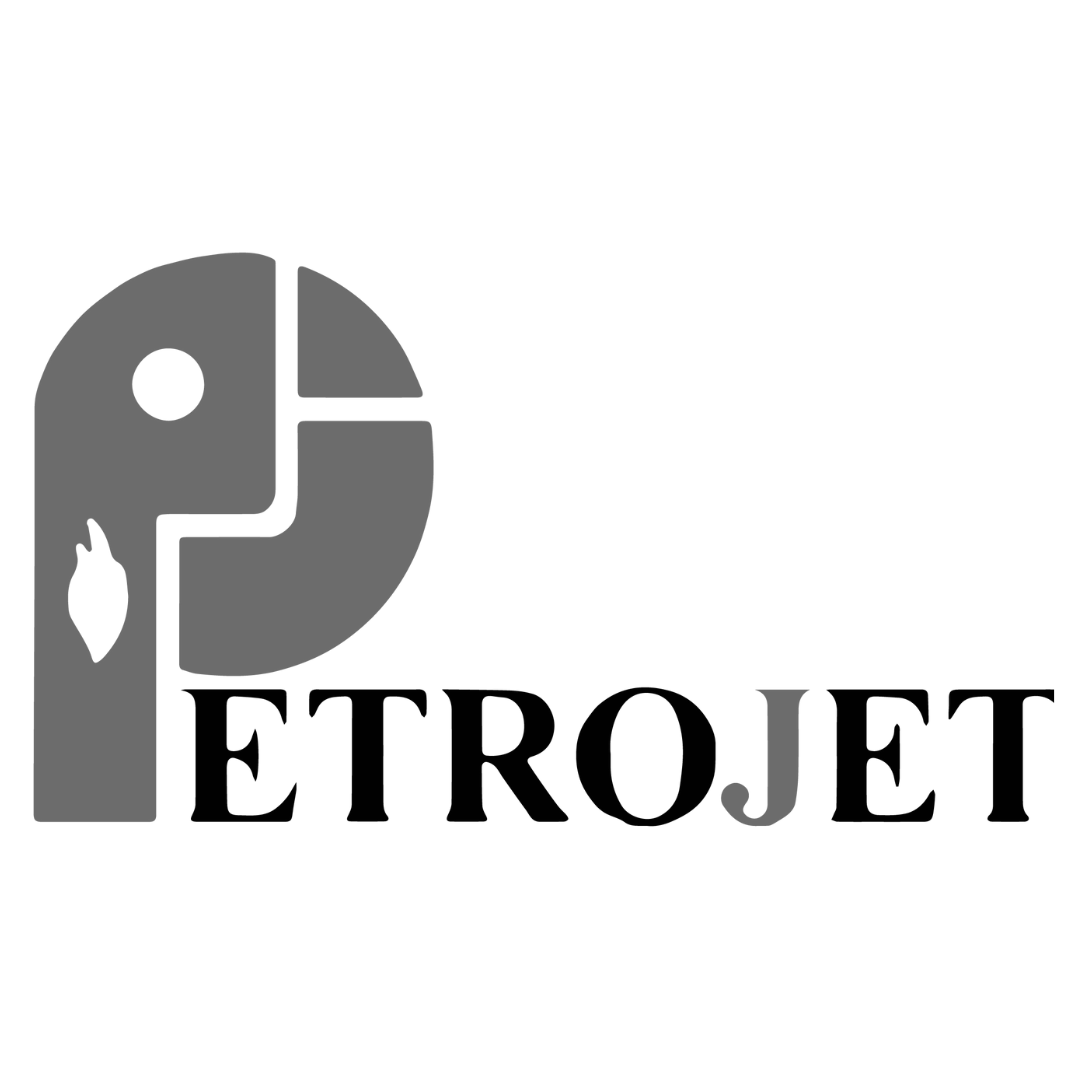 Gray logo with a large letter P, a flame, and a eye inside it, with the word 'ETROJET' beneath.