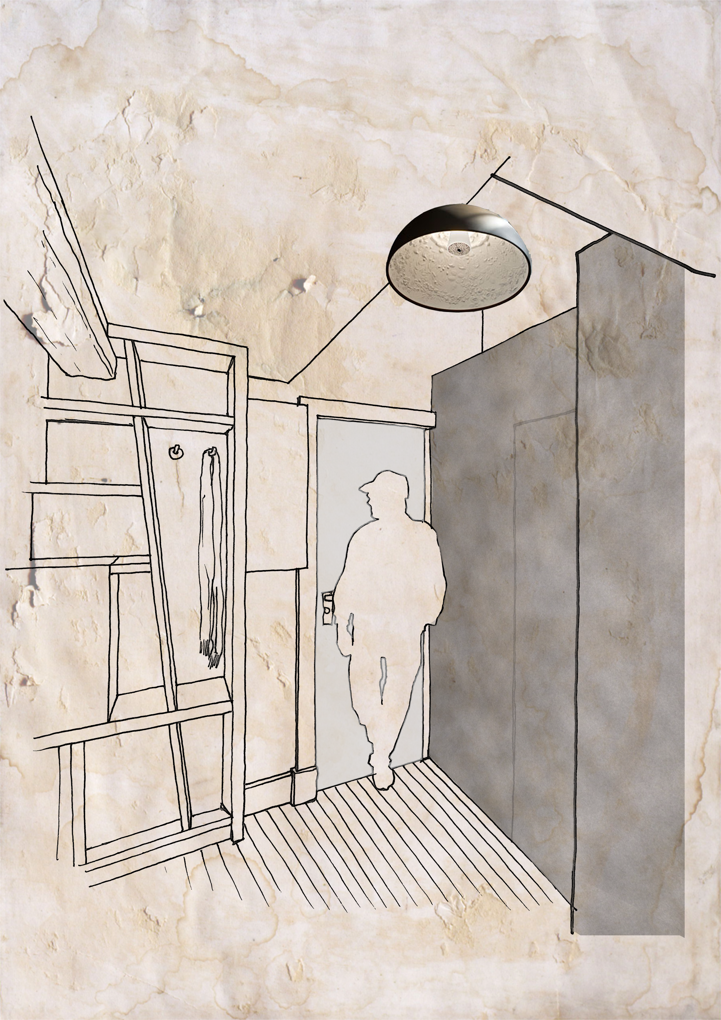 Un dessin de style esquisse montrant l'intérieur d'une pièce avec un plafond en plâtre, une étagère avec des objets, une porte avec une silhouette d'homme qui marche, un mur gris, un plafond suspendu et un plafond dôme.
