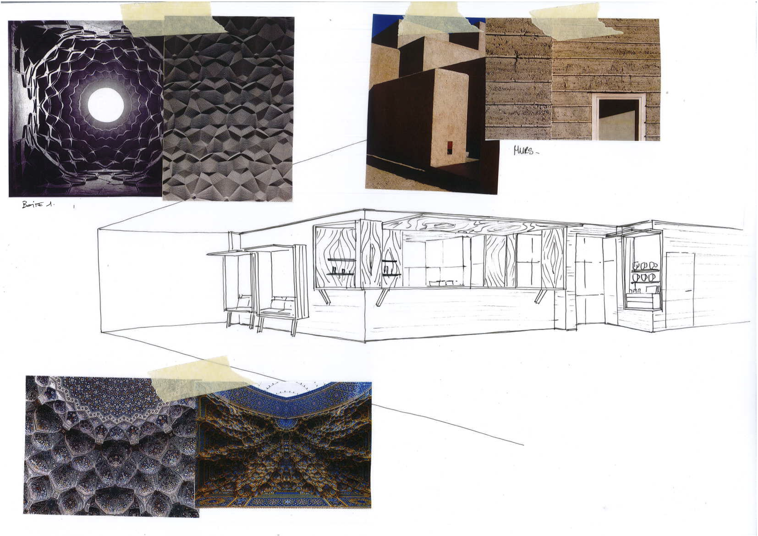 Une planche de croquis et de photos représentant des idées de design d'intérieur et d'architecture, avec des images de motifs géométriques, de murs en pierre, un plan de cuisine esquissé, et des détails de plafond ou de revêtements décoratifs.