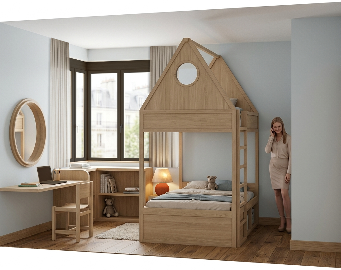 Chambre d'enfant avec lit en forme de maison en bois, une fenêtre large, une dame parlant au téléphone, une lampe sur la table de chevet, une étagère avec des livres et un jouet, une grande fenêtre avec rideaux blancs.