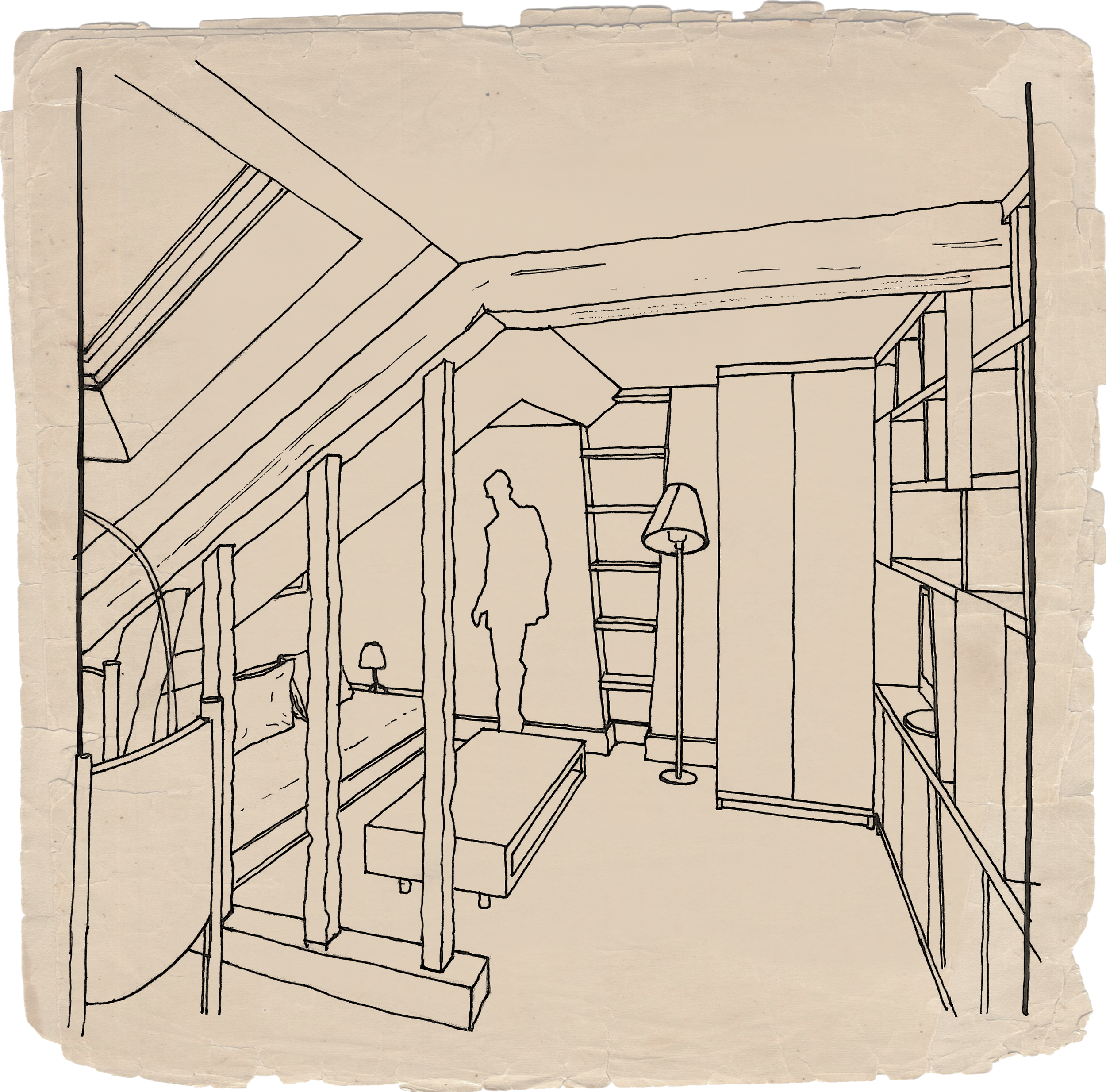 Croquis d'une chambre avec un lit, une lampe de table, une étagère, une armoire, une lampe sur pied, un lampadaire, et un mannequin.