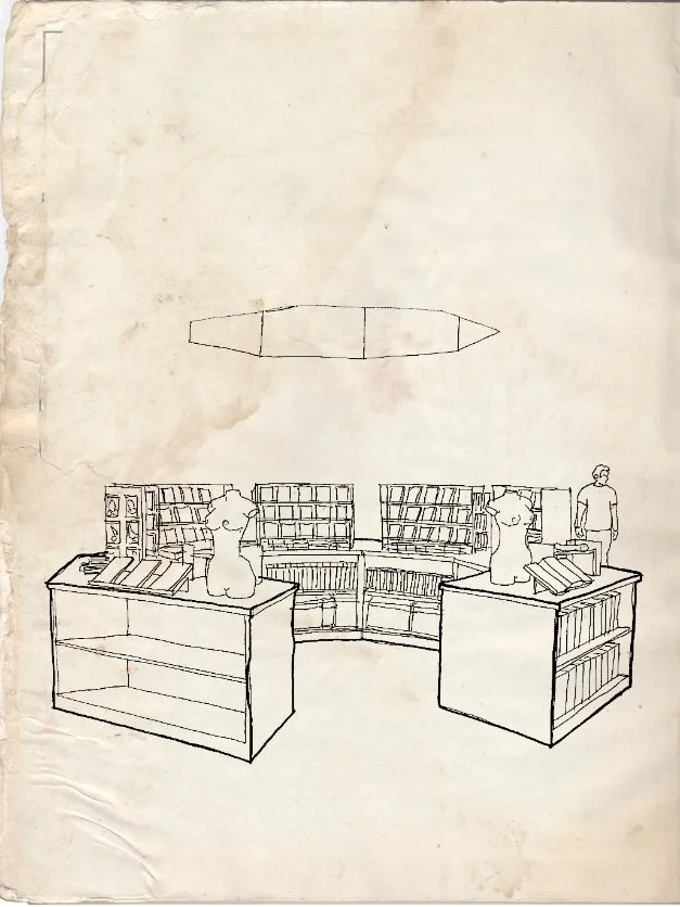 Schéma d'une bibliothèque avec deux bureaux, étagères remplies de livres, et une lampe en forme de chat sur chaque bureau. Une personne à droite examine des livres.