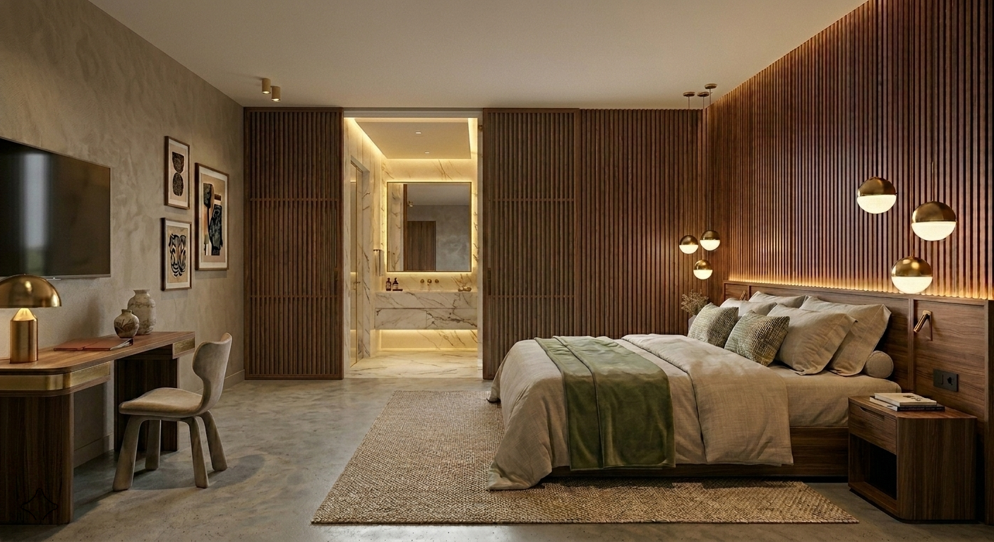 Autre modélisation 3D de la même chambre avec vue sur la sdb.