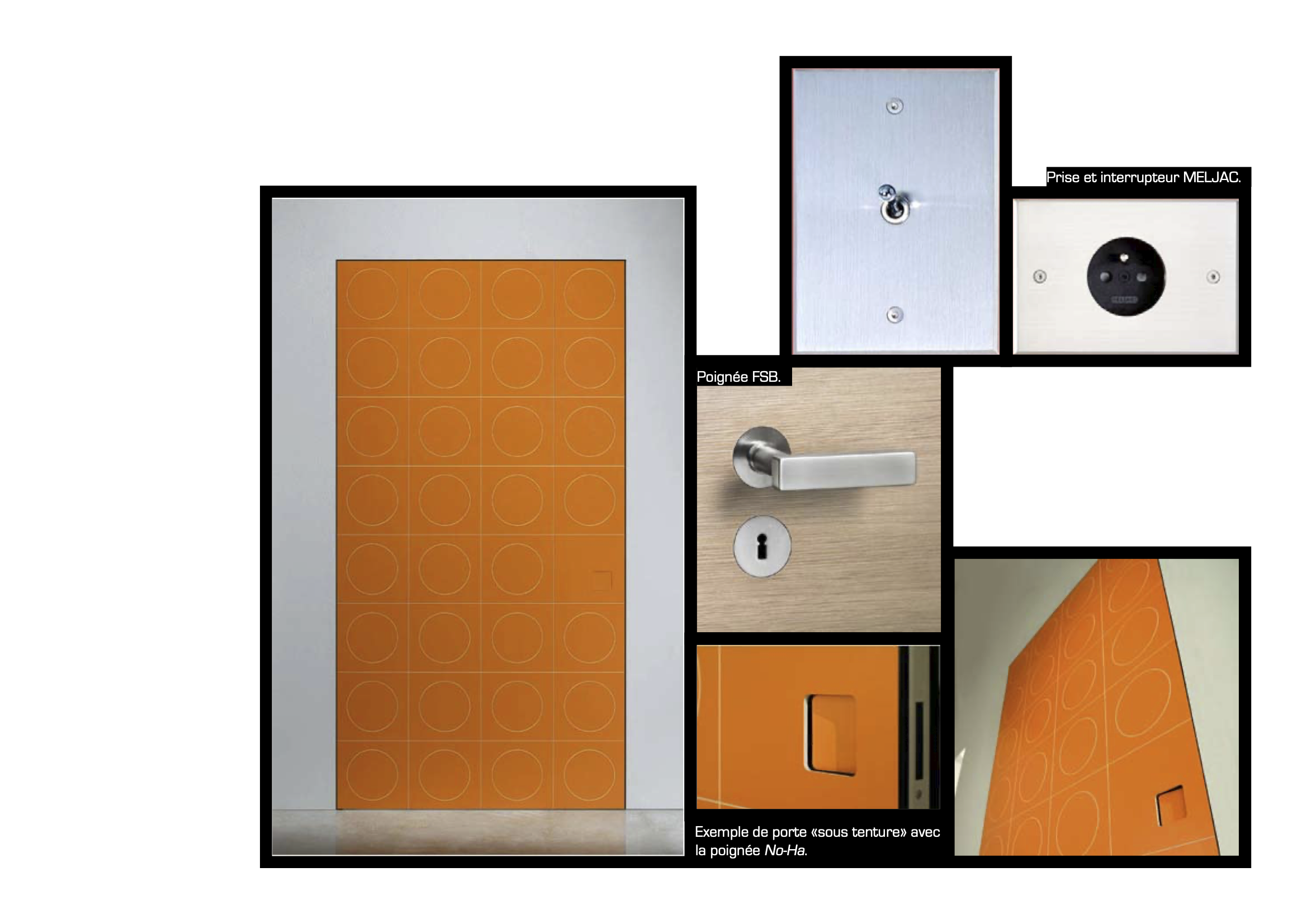 Matériel électrique et serrure encastrée pour porte, avec une porte orange décorée de cercles, tableau électrique, prise électrique, interrupteur, poignée de porte en acier et fenêtre dans un mur