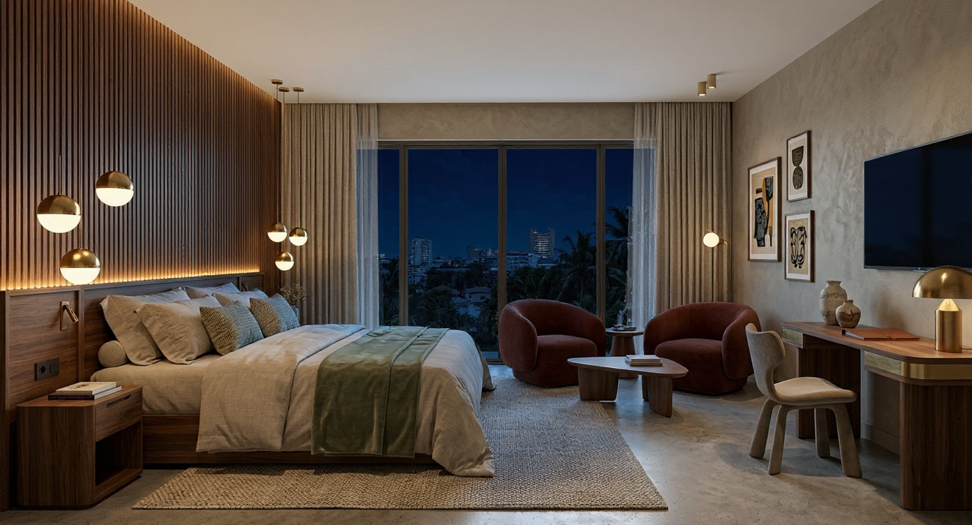 Modélisation 3D de la même chambre vue de nuit.