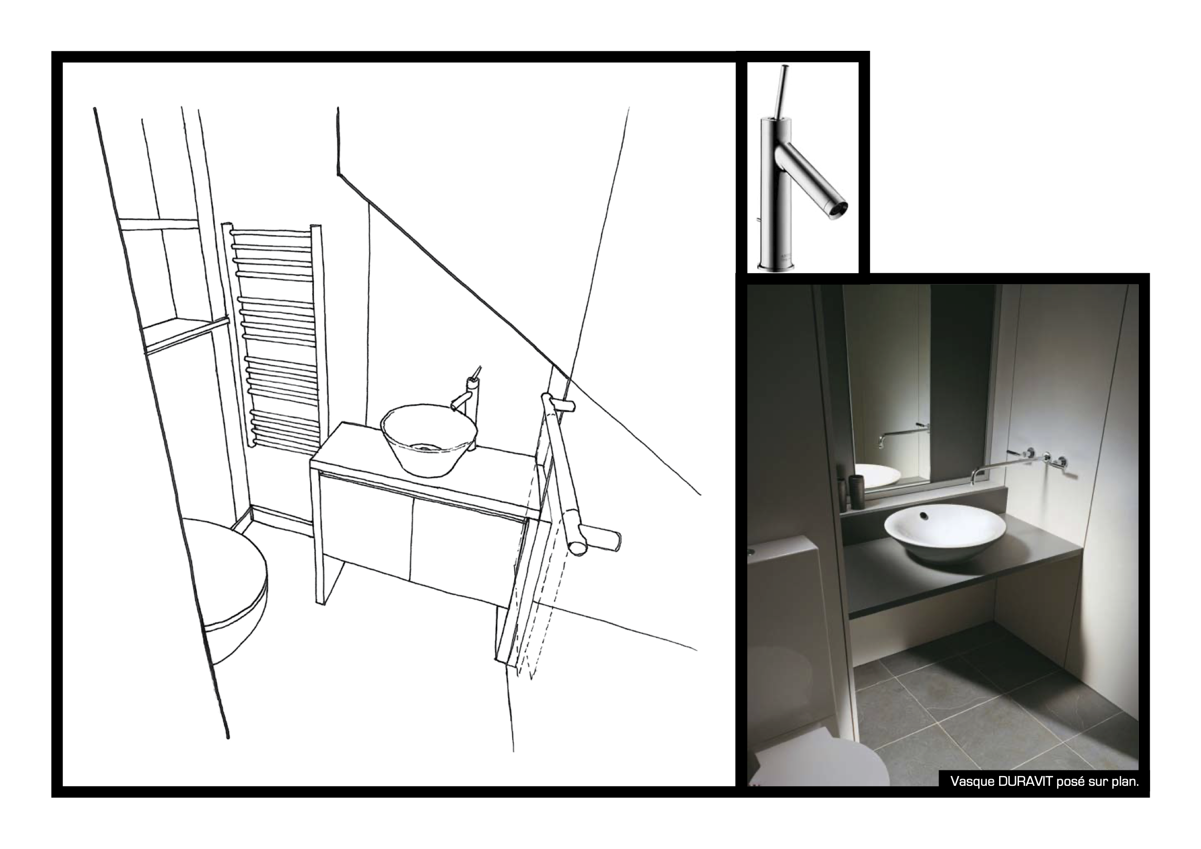 Prototype de salle de bain avec lavabo en vasque, miroir et robinetterie Duravit, vue photographique et esquisse technique.