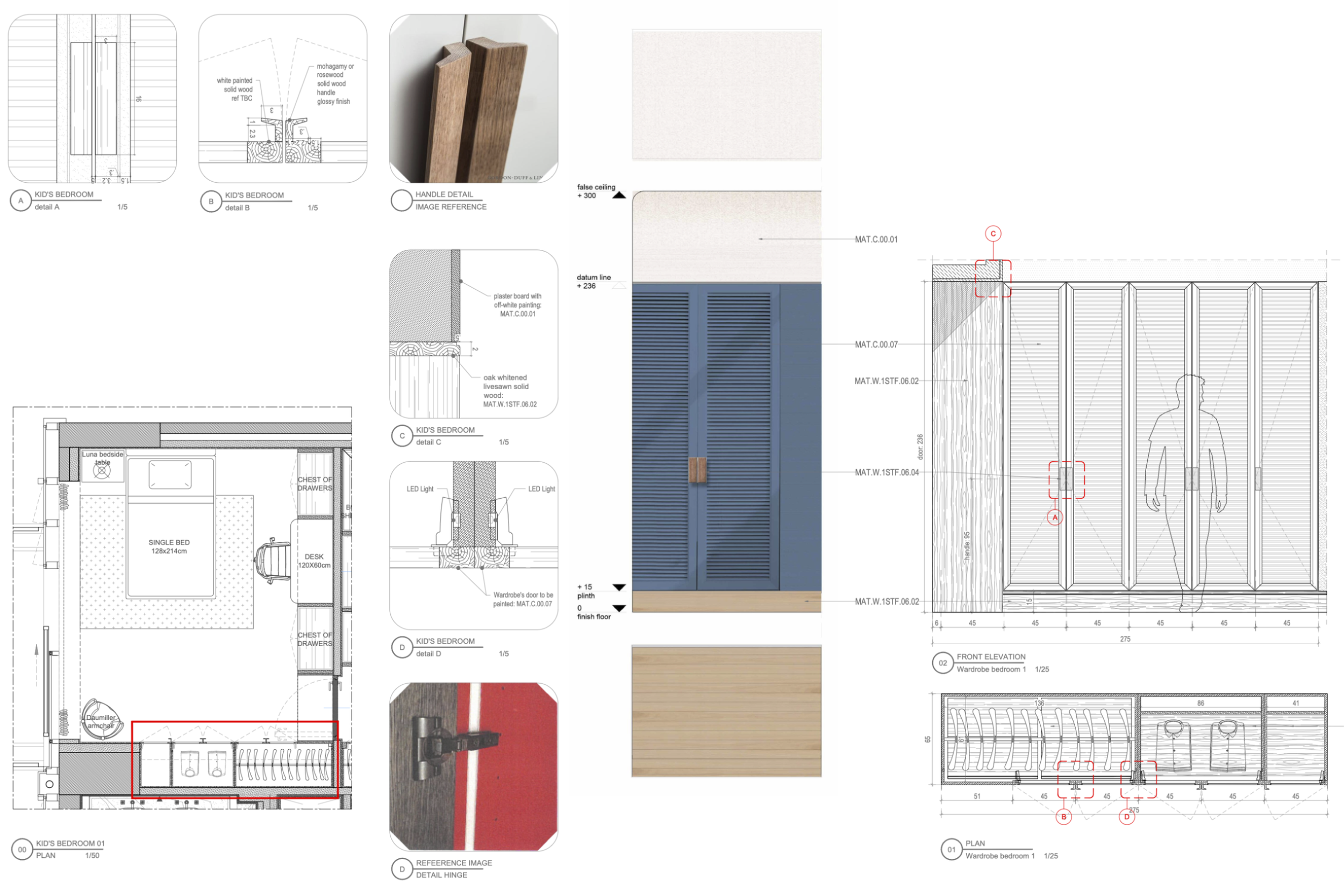 Plan détaillé d'une chambre d'enfant avec mobilier, couleur et matériaux, incluant une vue en élévation et des détails de conception.