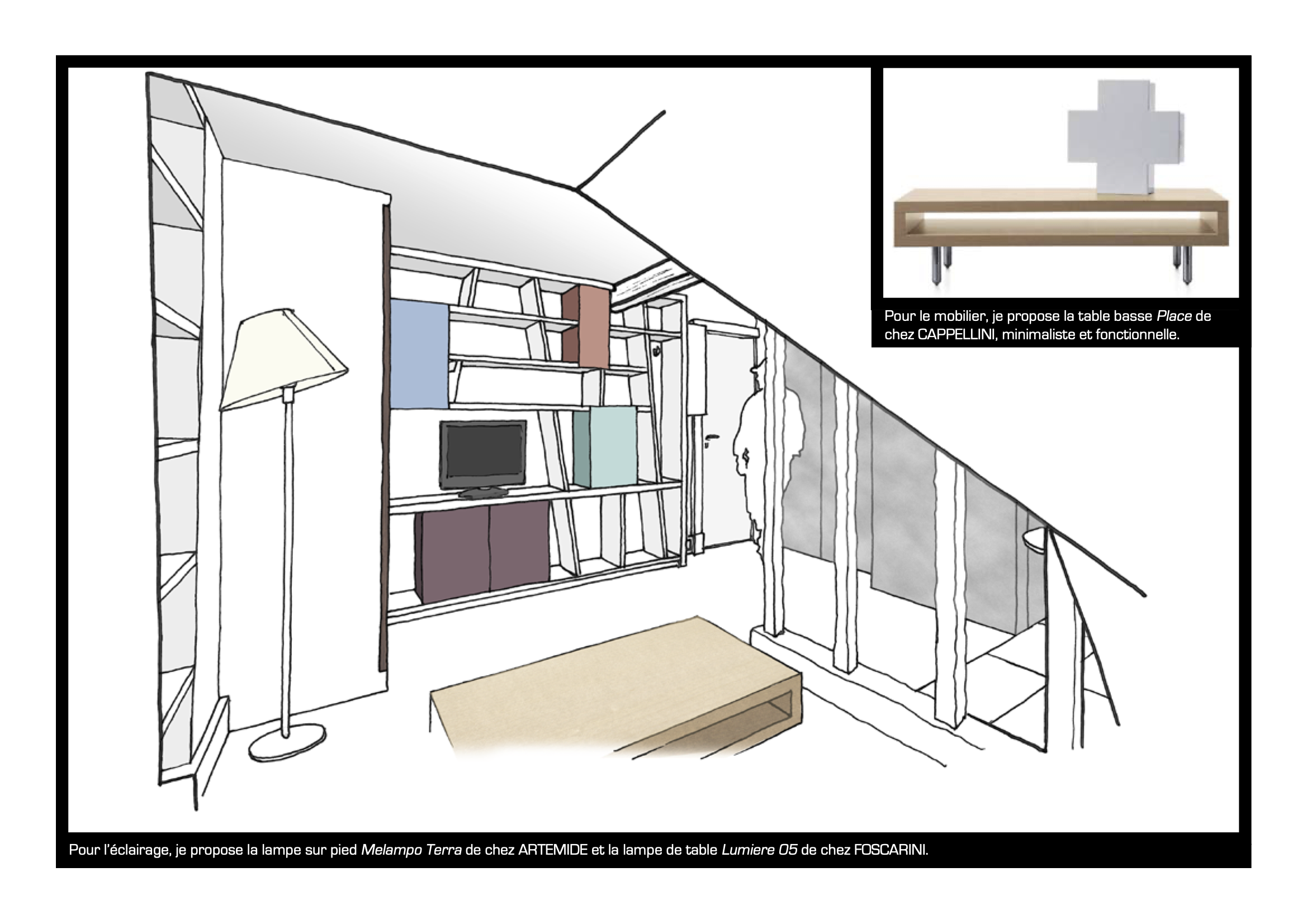 Une illustration d'un intérieur avec des meubles modernes et une bibliothèque. En haut à droite, une image d'une petite table basse avec une croix, accompagnée d'une description en français sur la proposition d'une table basse minimaliste de chez CAPPELLINI. En bas, une description d'une lampe sur pied Melampo Terra de chez ARTEMIDE et d'une lampe de table Lumiere 05 de chez FOSCARINI.