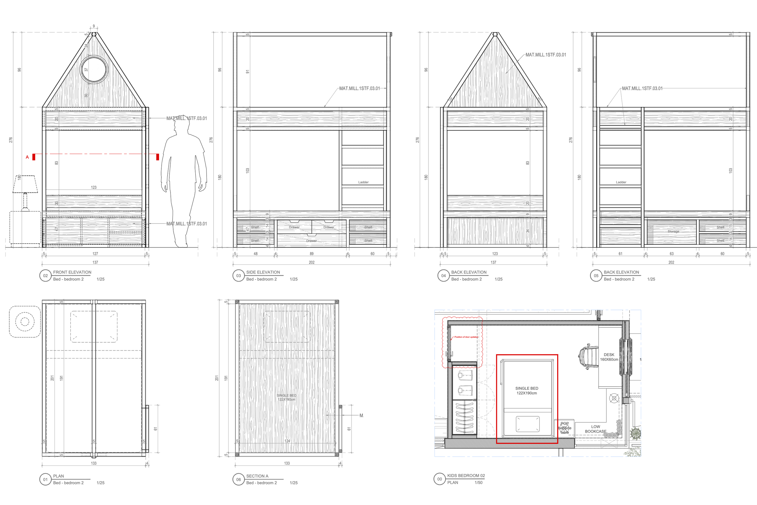 Ce plan architectural représente des élévations et une section d'une cabane ou petite maison, montrant la façade, les côtés, l'arrière, un plan de l'intérieur avec un lit simple, un bureau, et des espaces de rangement.