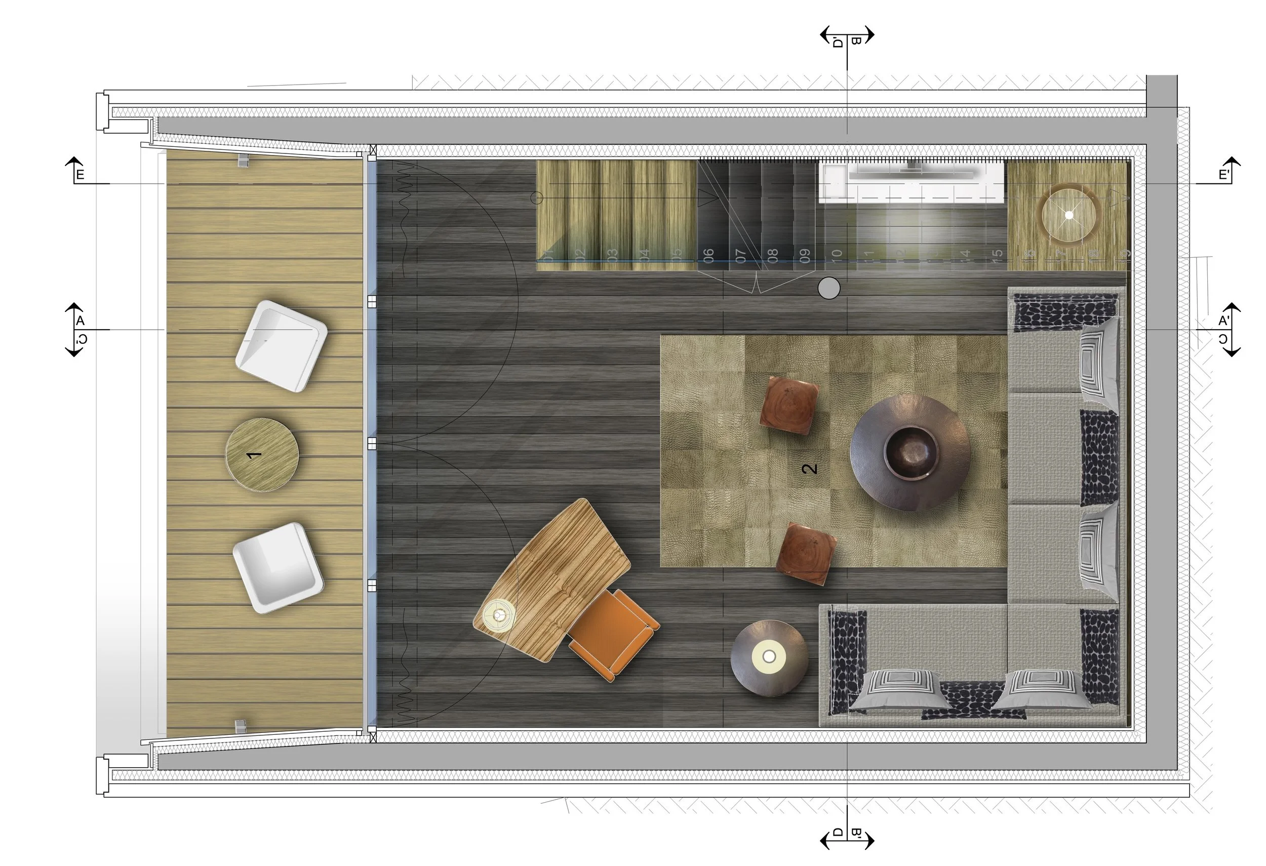 Plan d'étage d'une pièce avec une terrasse, un fauteuil, une table basse, un tapis, un canapé, une table de travail avec une chaise, des étagères ou un placard, et deux lampes.