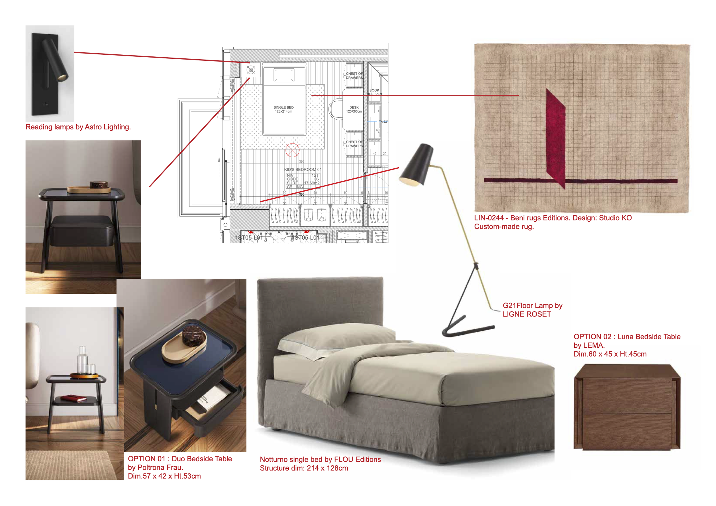 Plan d'une chambre avec différents éléments décoratifs et meubles. Inclut une lampe de lecture Astro Lighting, un tapis Beni éditions avec design de Studio KO, une lampe G21Floor de Ligne Roset, une table de chevet LEMA Luna, un lit double Notturno de FLOU éditions, et une table de chevet Duo de Poltrona Frau.