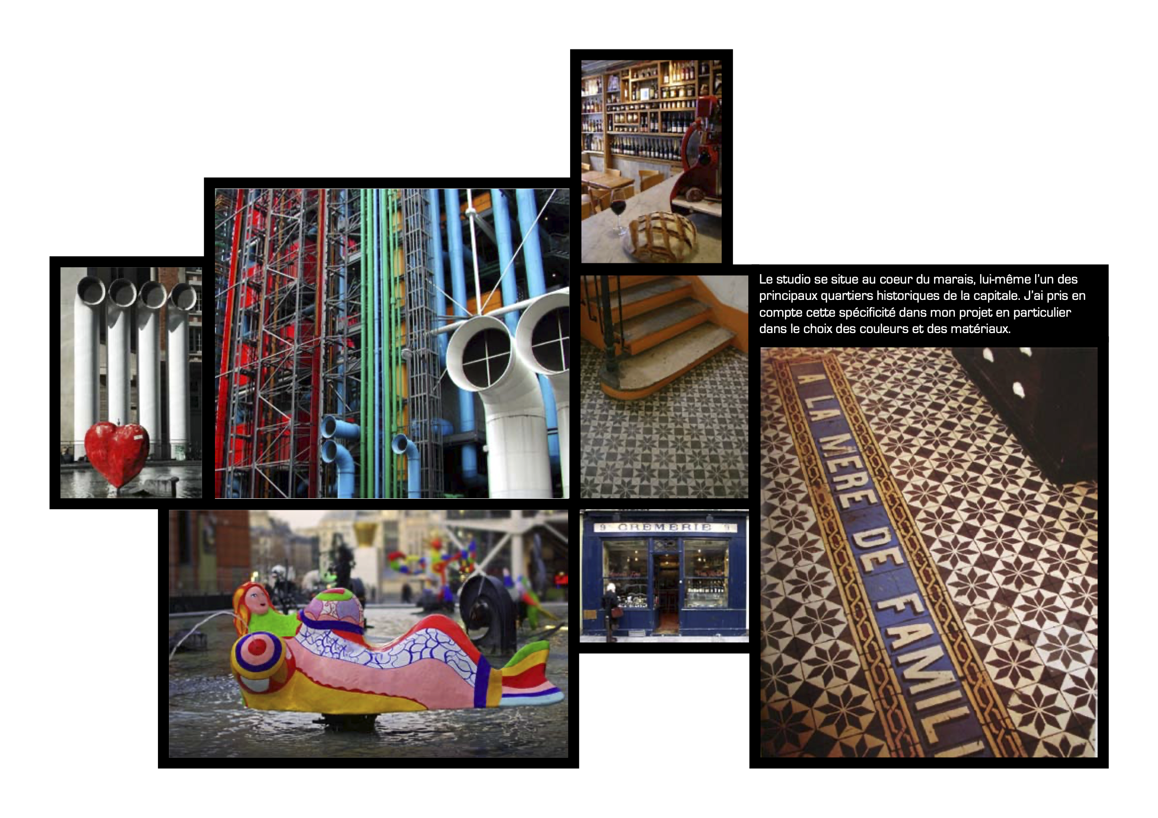 Collage de plusieurs images illustrant différents aspects du Marais à Paris. Inclut le studio d'enregistrement avec des tubes et des tuyaux colorés, une pièce avec des parquets anciens, une mosaïque de la rue de FAMILI, une scène de fête avec une barque colorée et un édifice appelé 'GEMERIE'.