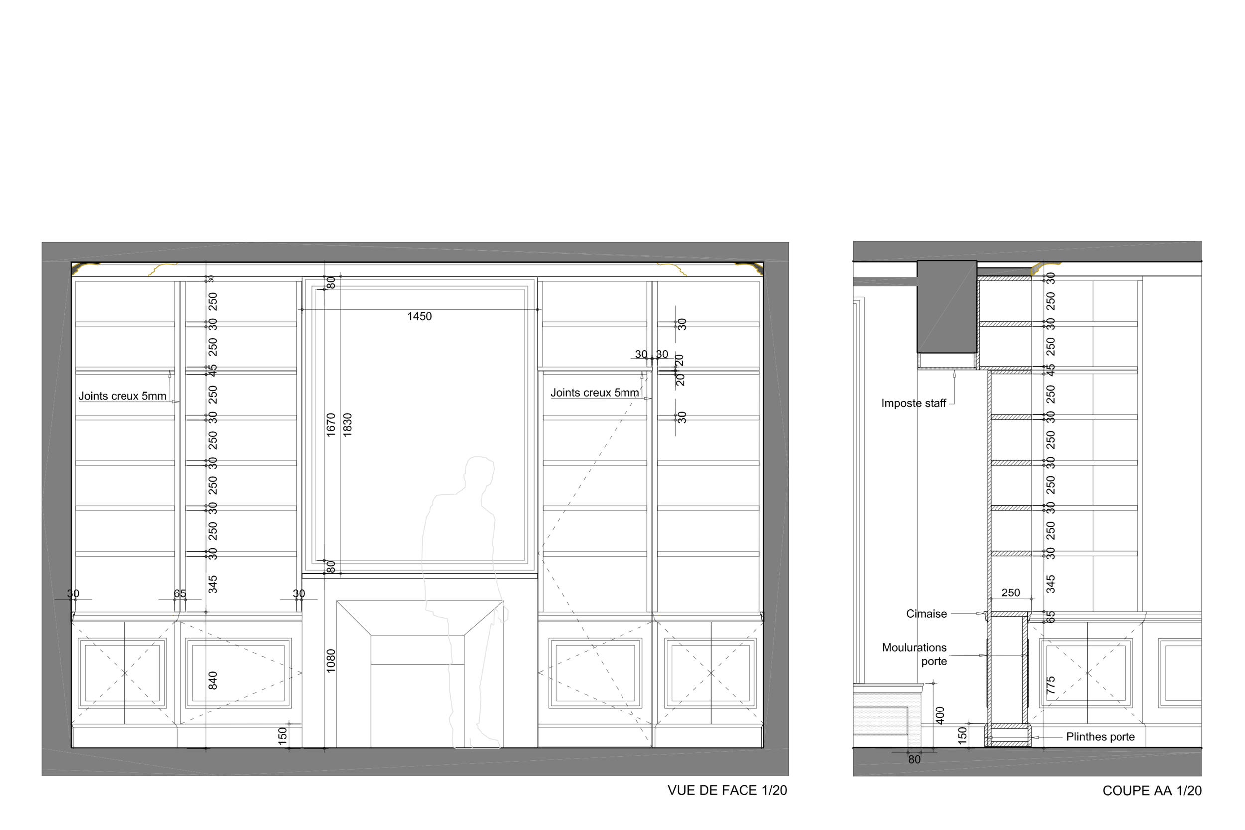 Plan architectural détaillé d'une bibliothèque ou d'une étagère bibliothèque, avec mesures, joints, et autres éléments de construction.
