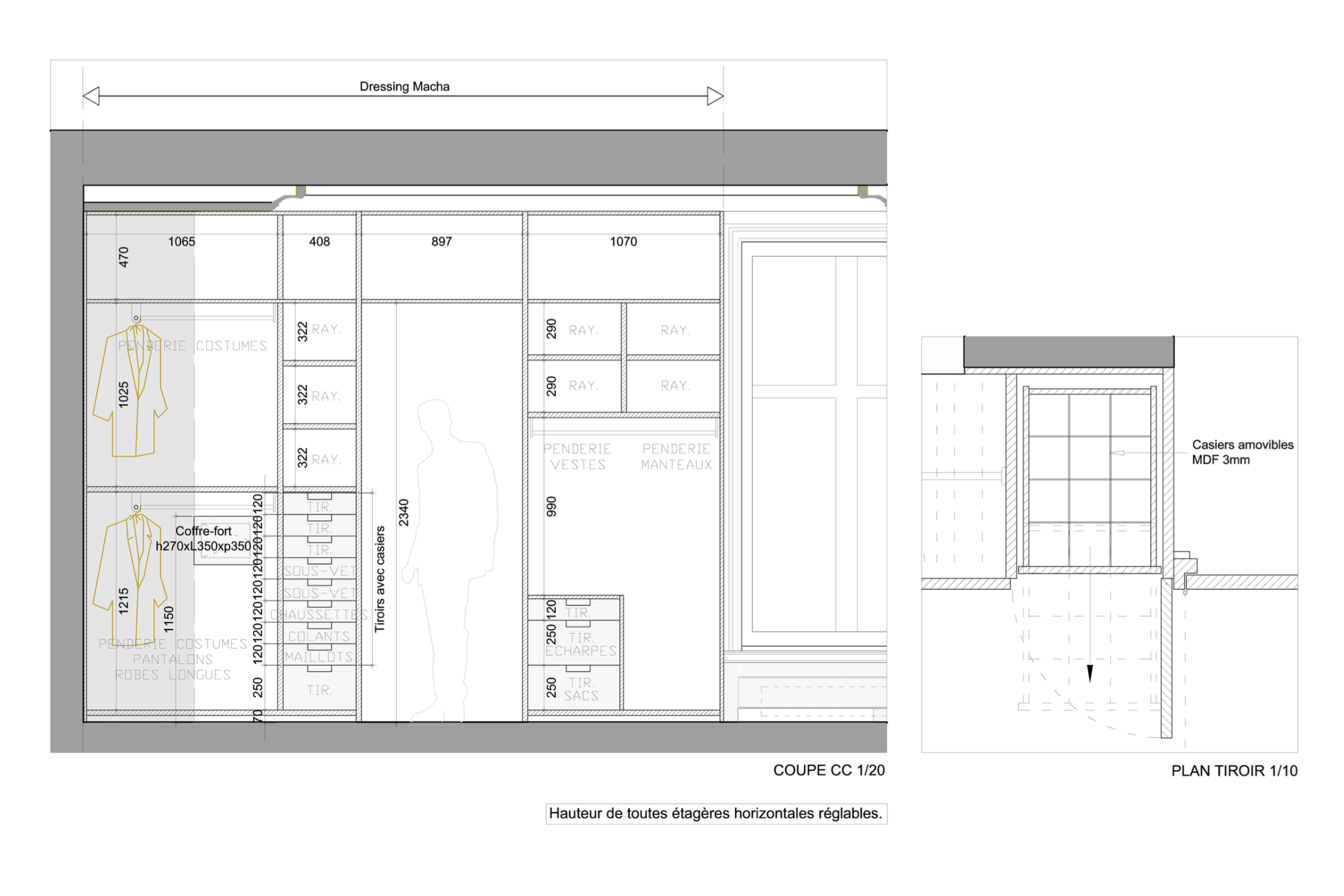 Plan architectural d'un placard de dressing avec dimensions, espaces pour vêtements, tiroirs et étagères, annotations en français indiquant les matériaux et mesures, dans un style technique.