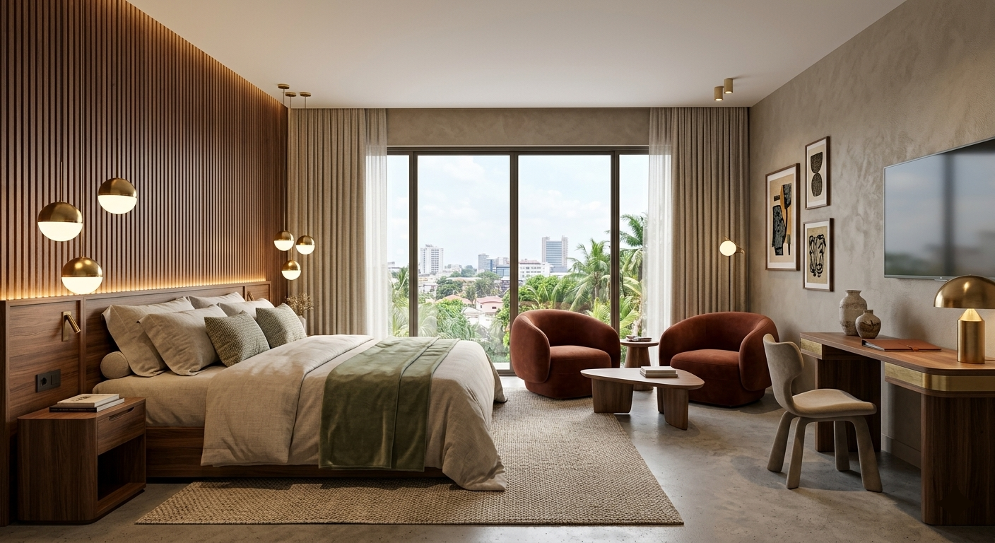 Chambre d'hôtel moderne avec un grand lit, deux fauteuils en velours rouge, un bureau avec une lampe en laiton, grande fenêtre avec vue sur la ville et des palmiers, décorations murales.
