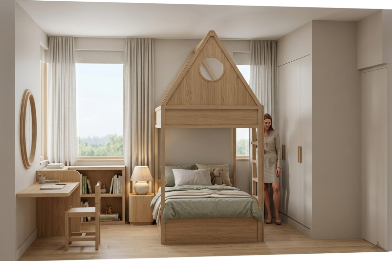 Chambre d'enfant avec un lit en forme de maison en bois, une femme en robe grise à côté, grande fenêtre avec rideaux clairs, meubles en bois, bureau, étagère avec livres, lampe de table, et décoration minimaliste.