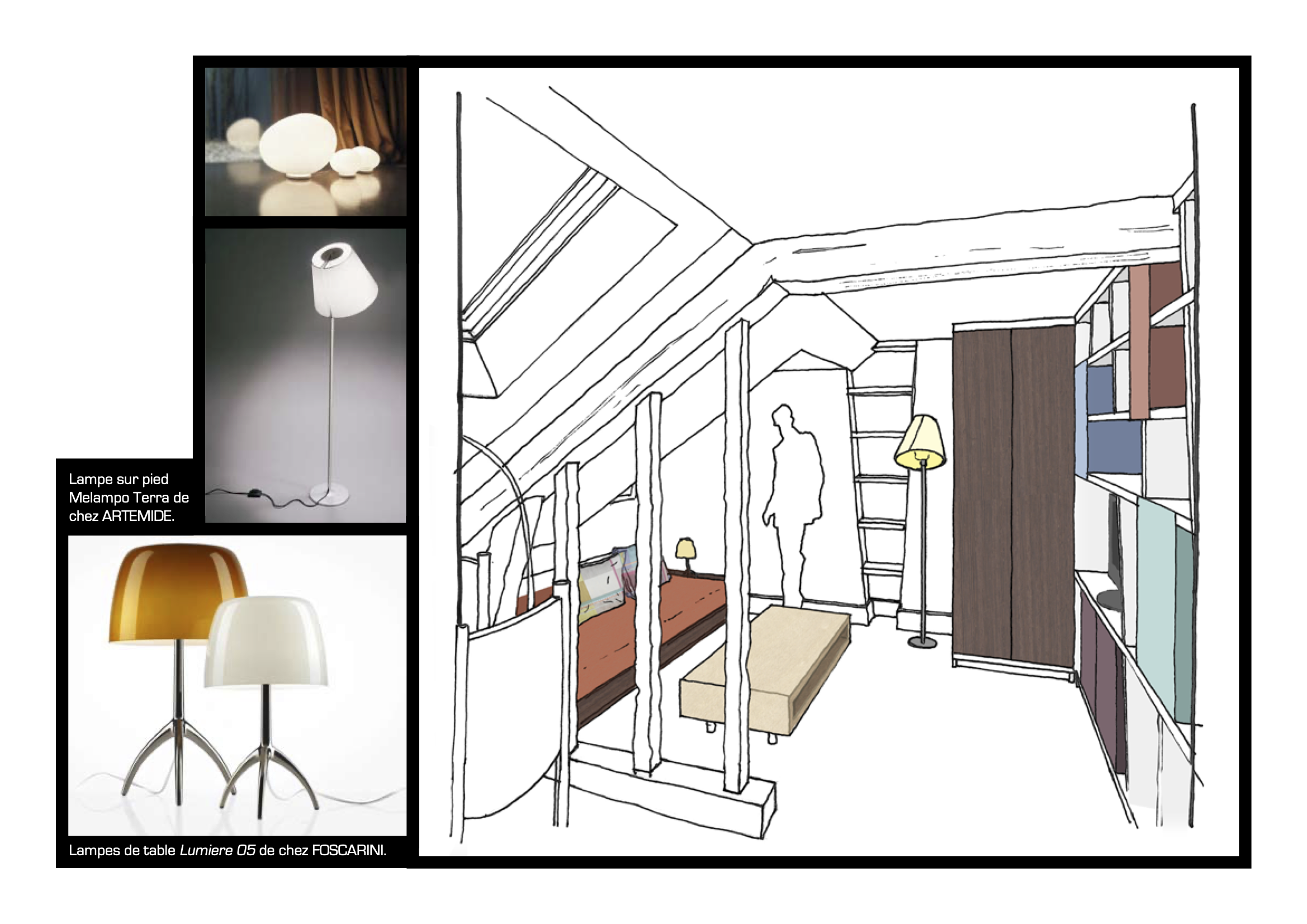 Illustration d'un projet de décoration intérieure montrant un espace avec différentes lampes, notamment une lampe sur pied Melampo Terra d'ARTEMIDE, une lampe de table Lumière 05 de FOSCARINI, et une lampe sur pied avec abat-jour blanc. La scène principale est un croquis d'une pièce avec meubles et lampes."}