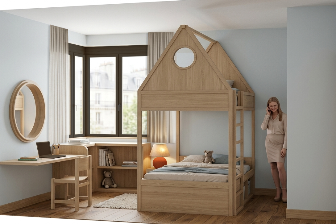 Chambre d'enfant avec lit en forme de maison en bois, bureau, étagère, miroir rond, lampadaire, Teddy bear, fenêtre avec vue urbaine.