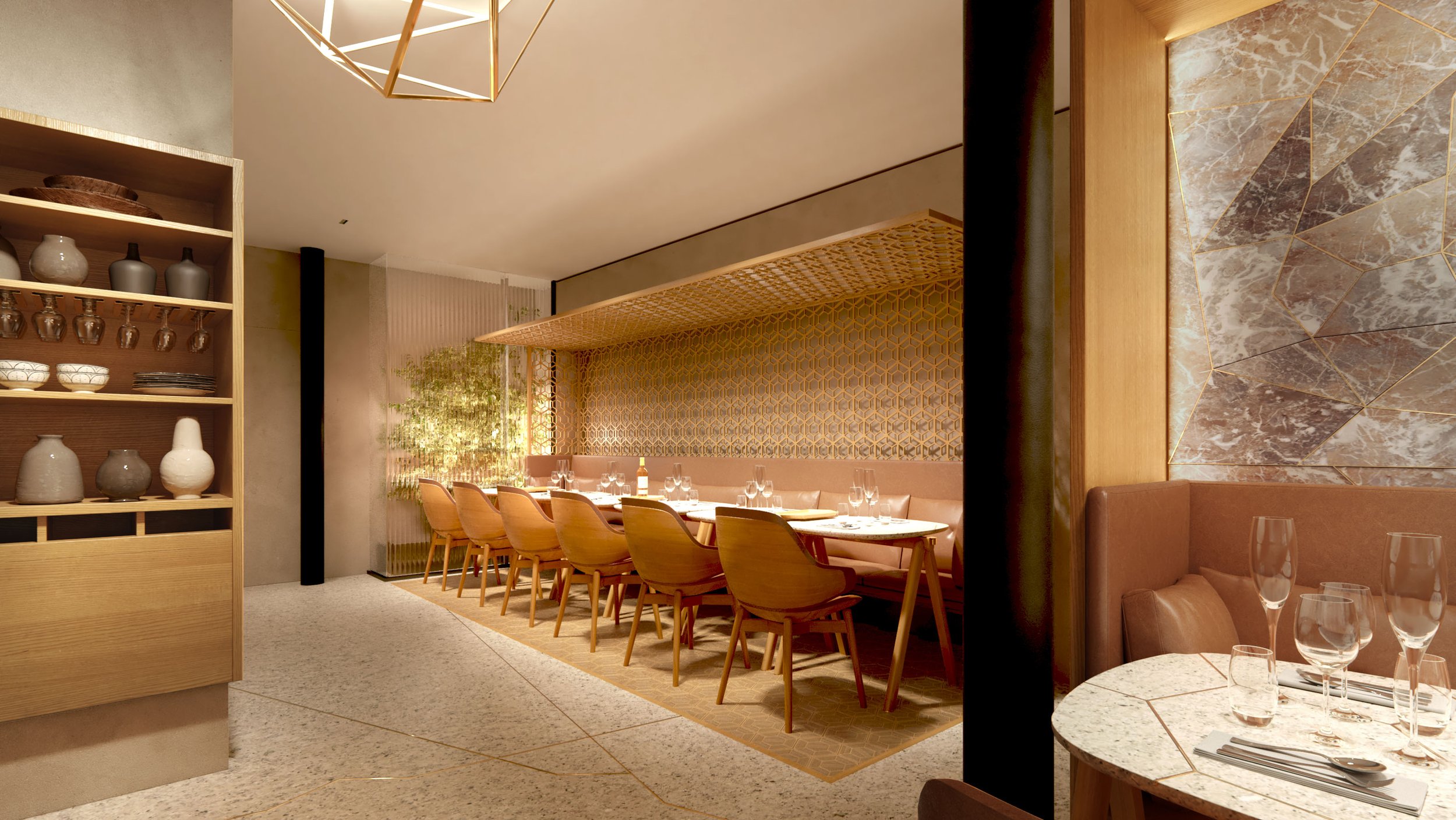 Salle à manger élégante avec table préparée pour un repas, chaises en bois, décoration moderne et mur en mosaïque