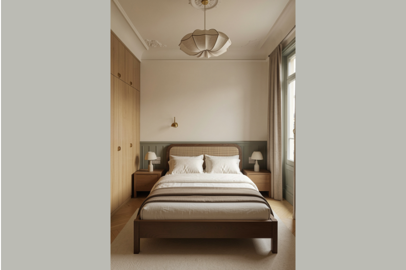 Chambre à coucher minimaliste avec un lit double, draps blancs, deux tables de nuit avec lampes, un placard en bois, une fenêtre avec rideaux, un plafond avec suspension