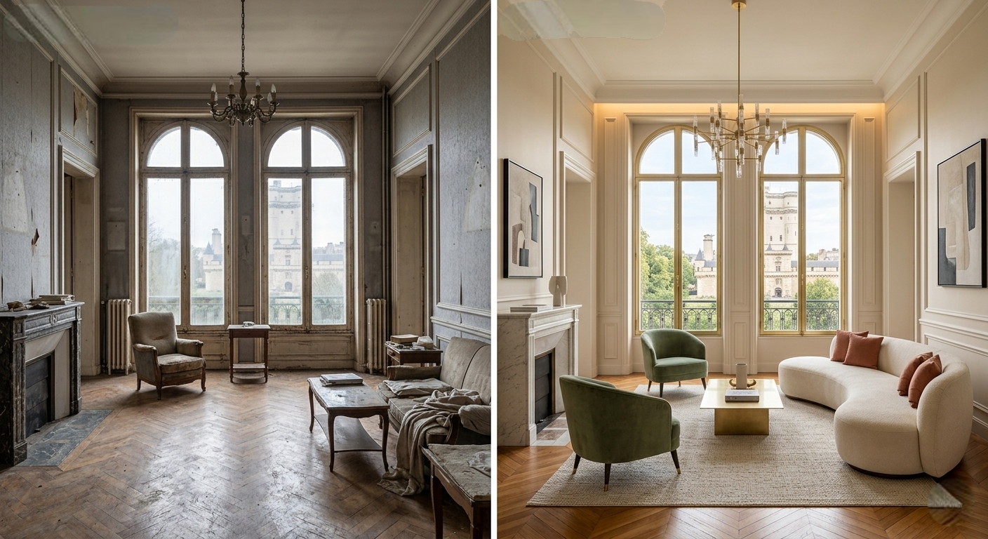 Salle de séjour avant et après rénovation : à gauche, une pièce vintage avec des meubles usés, murs et sol dégradés. À droite, la même pièce rénovée avec un mobilier moderne, murs clairs, décoration élégante et grande fenêtre laissant entrer beaucoup de lumière.