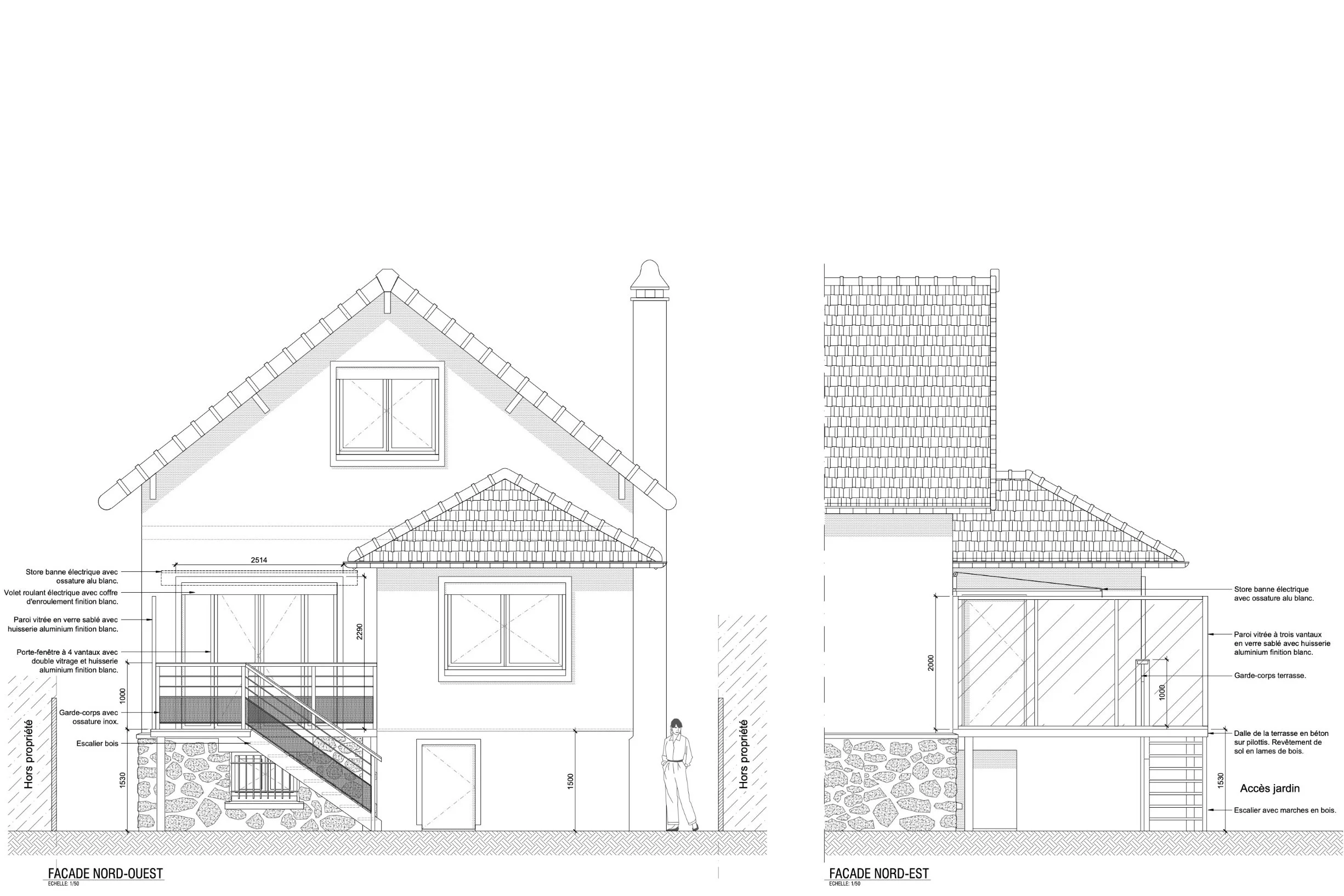Plan architectural de deux façades nord-ouest et nord-est d'une maison avec détails de construction, matériaux, fenêtres, escalier en bois, terrasse en béton, et environnement extérieur.