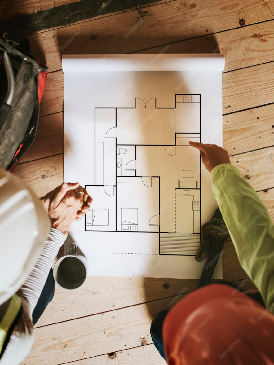 Deux personnes regardant un plan d'architecte d'une maison sur une table en bois, avec un casque et une tasse à proximité.