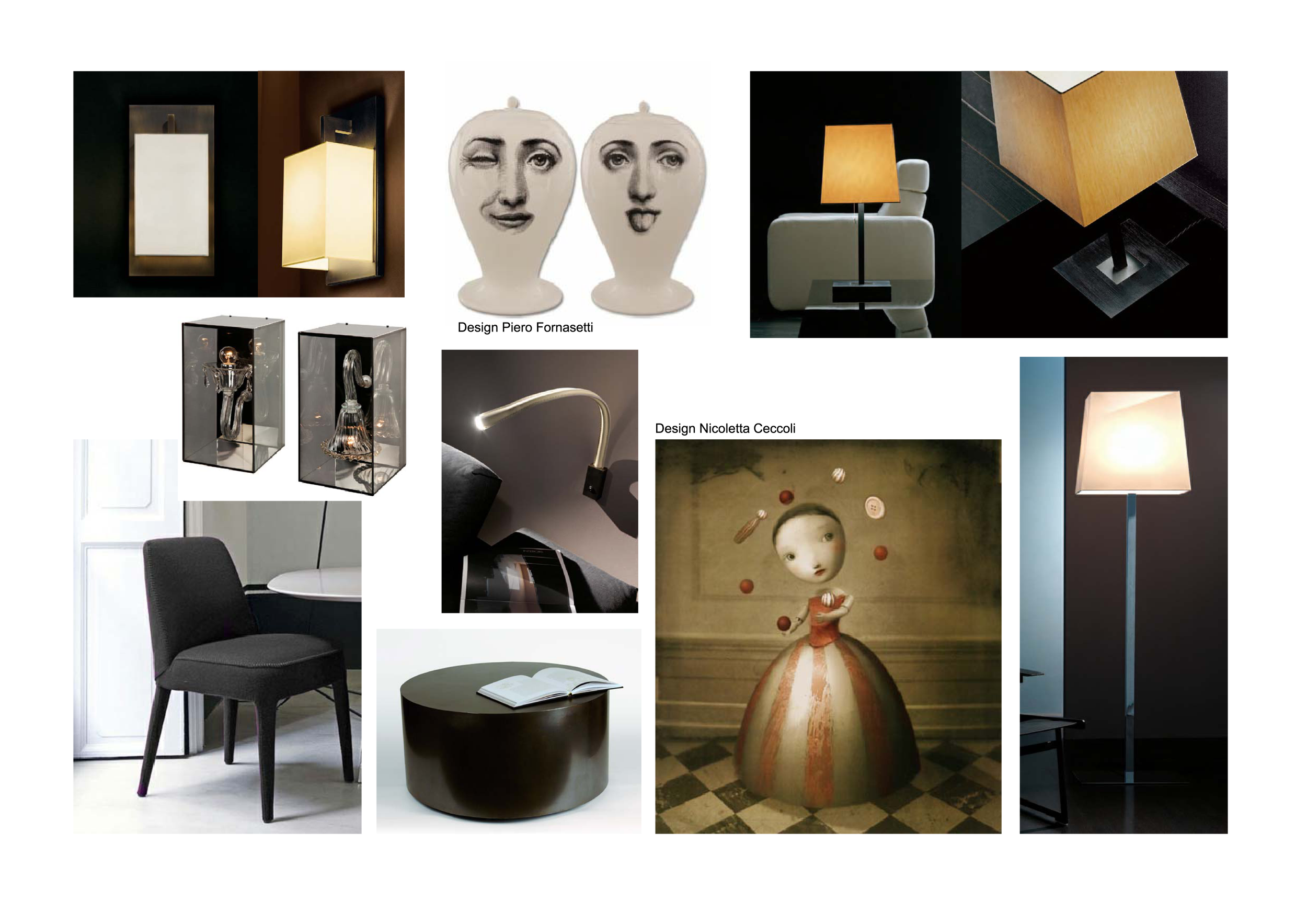 Collection d'objets de design d'éclairage et de mobilier, y compris des lampes de table, des lampes murales, des lampes sur pied, des lampes avec des designs artistiques, une chaise noire, un livre ouvert sur une table ronde noire, et des sculptures de visages, avec des noms de designers comme Piero Fornasetti et Nicoletta Ceccoli.