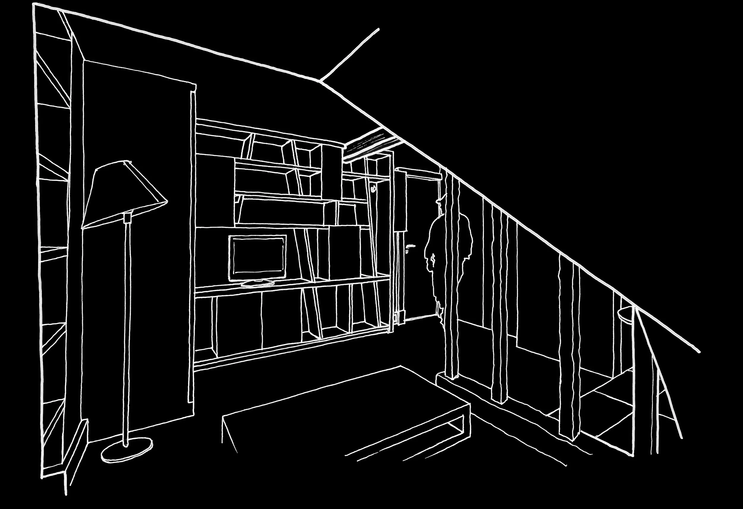 Un dessin en lignes blanches d'un intérieur avec une étagère, un téléviseur, une lampe, un siège bas, un mur avec un porte et une personne qui entre dans la pièce.