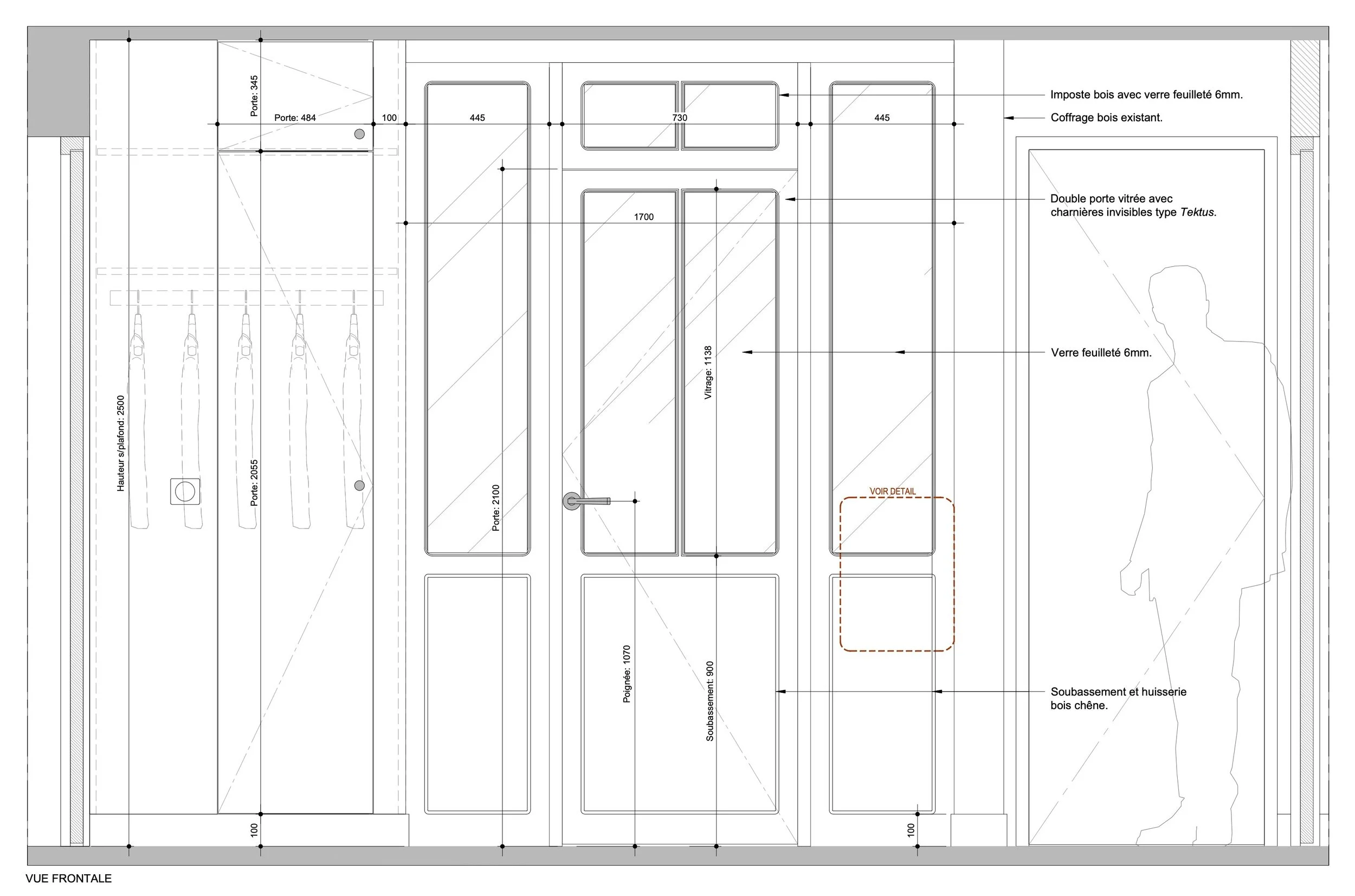 Plan architectural d'une porte en bois avec verre feuilleté, comprenant détails de dimensions et matériaux, avec indication d'un personnage humain à côté pour l'échelle.