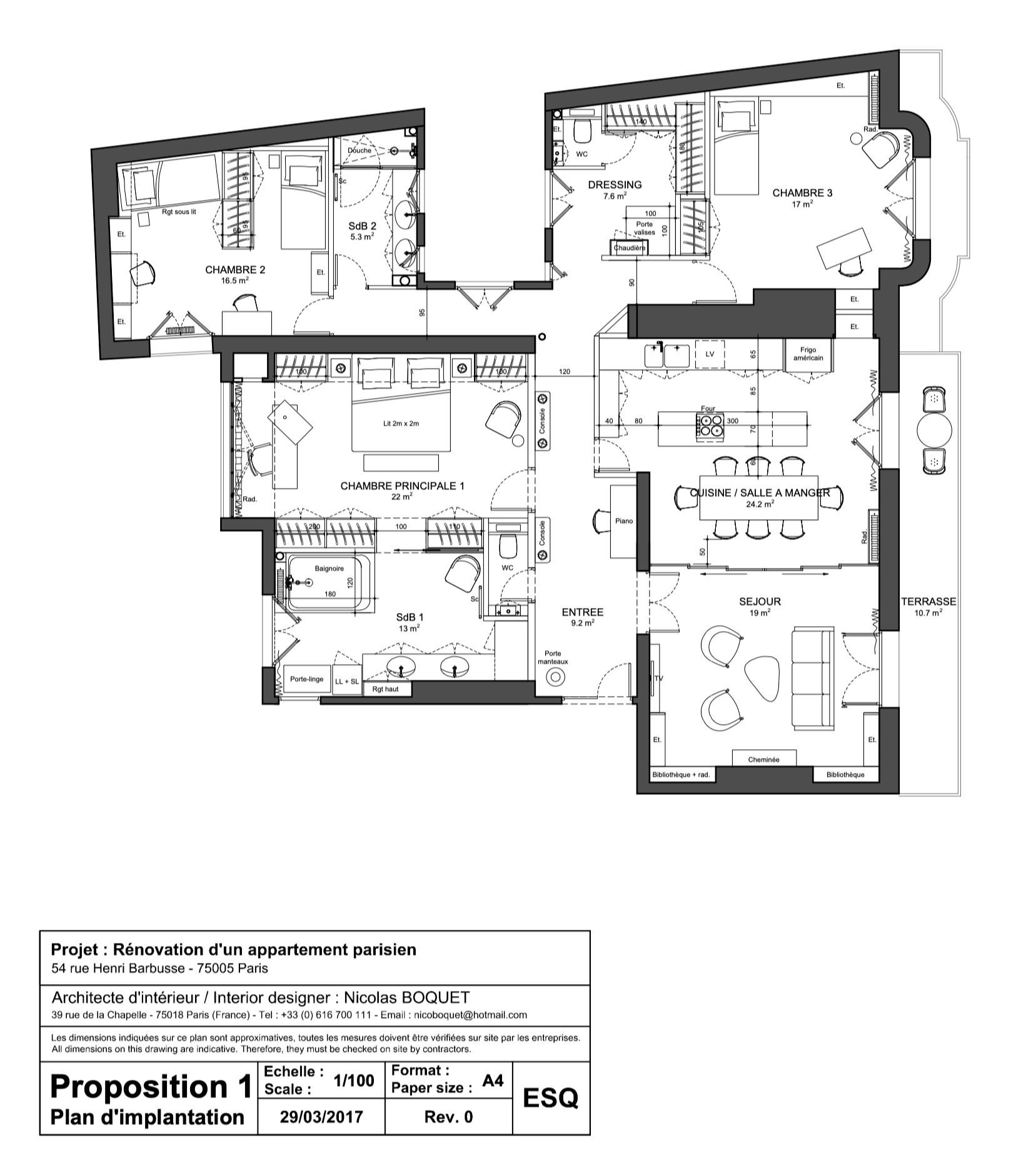 Plan d'un appartement avec plusieurs chambres, une cuisine, un salon, une terrasse et des salles de bain, destiné à une rénovation à Paris.