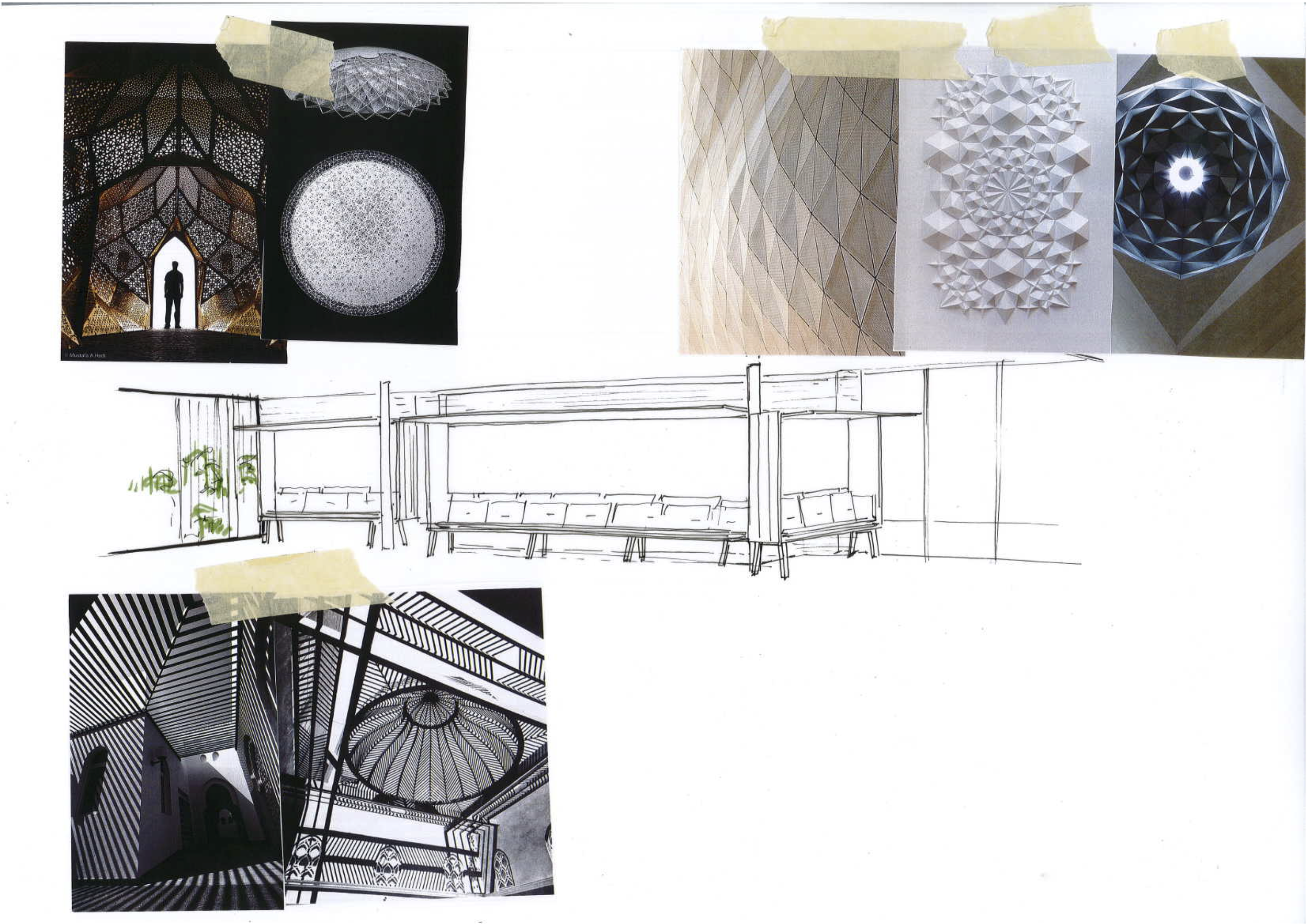 Collage de différentes images de design d'intérieur et d'architecture, incluant des plans, des modèles 3D, et des photographies de plafonds et murs avec des motifs géométriques.