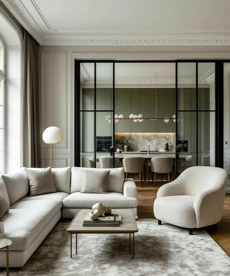 Salon moderne avec un canapé gris, un fauteuil beige, une table basse en bois, et un éclairage d'ambiance, avec une cuisine visible à l'arrière séparée par des portes en verre.