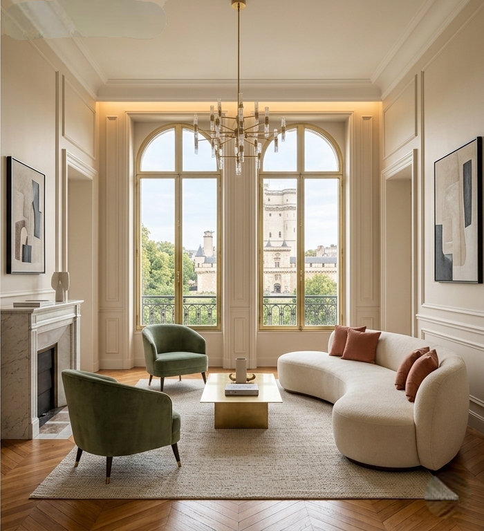 Salon élégant avec grandes fenêtres, mobilier contemporain, fauteuils verts, canapé blanc courbe avec coussins, chandelier suspendu, cheminée en marbre, décor moderne et peintures abstraites aux murs.