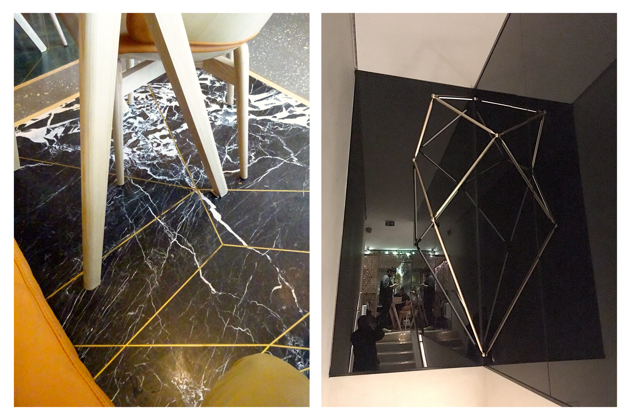 Deux images côte à côte, la gauche montre un sol en marbre noir avec des veines blanches et un motif géométrique en lignes dorées, avec des jambes en bois d'une chaise ou table. La droite montre une sculpture géométrique suspendue dans un espace intérieur sombre, des gens en arrière-plan, et un mur noir.