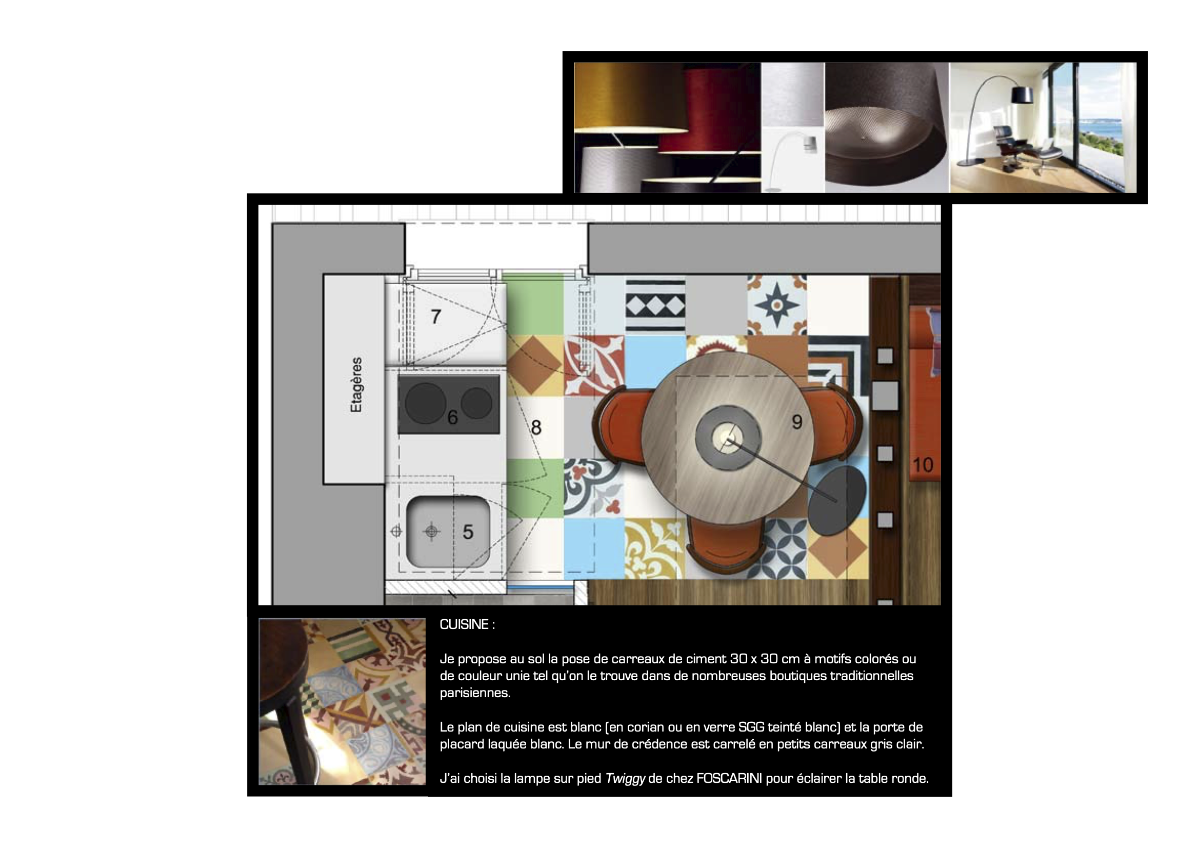 Plan d'une cuisine avec un comptoir en céramique colorée, un évier, une plaque de cuisson, une table ronde avec quatre chaises, et un mur de crédence en carreaux gris clair. Il y a une petite section de rangement avec un tiroir. La légende mentionne l'utilisation de carreaux colorés ou unis, un plan blanc pour le sol, et une lampe Twiggy pour éclairer la table ronde.