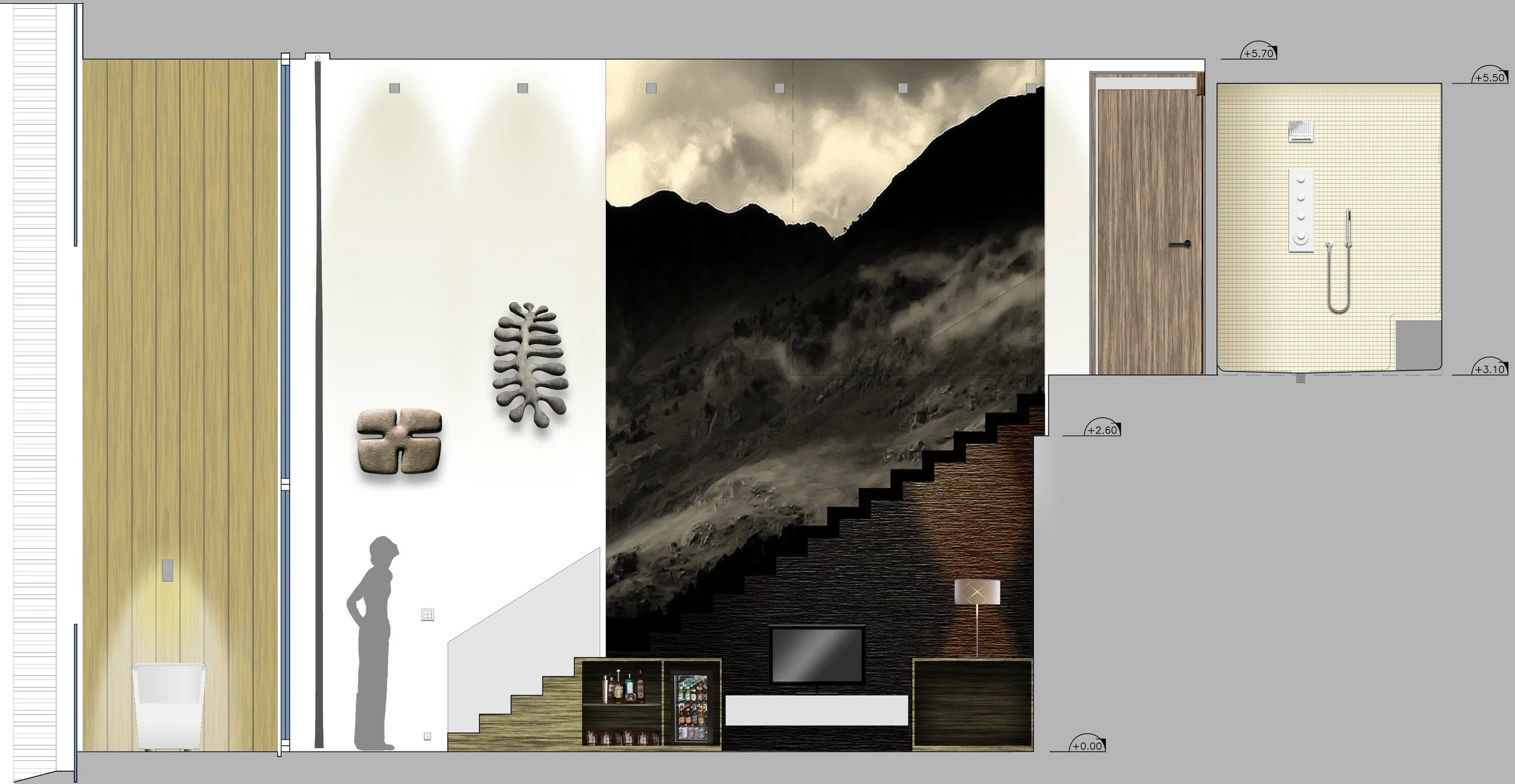 Plan d'intérieur d'une pièce avec un mur décoratif représentant des montagnes et la mer, une zone salon avec une télé, un fauteuil, une lampe, un mur en bois, un espace salle de bain avec douche, et une zone avec toilettes.