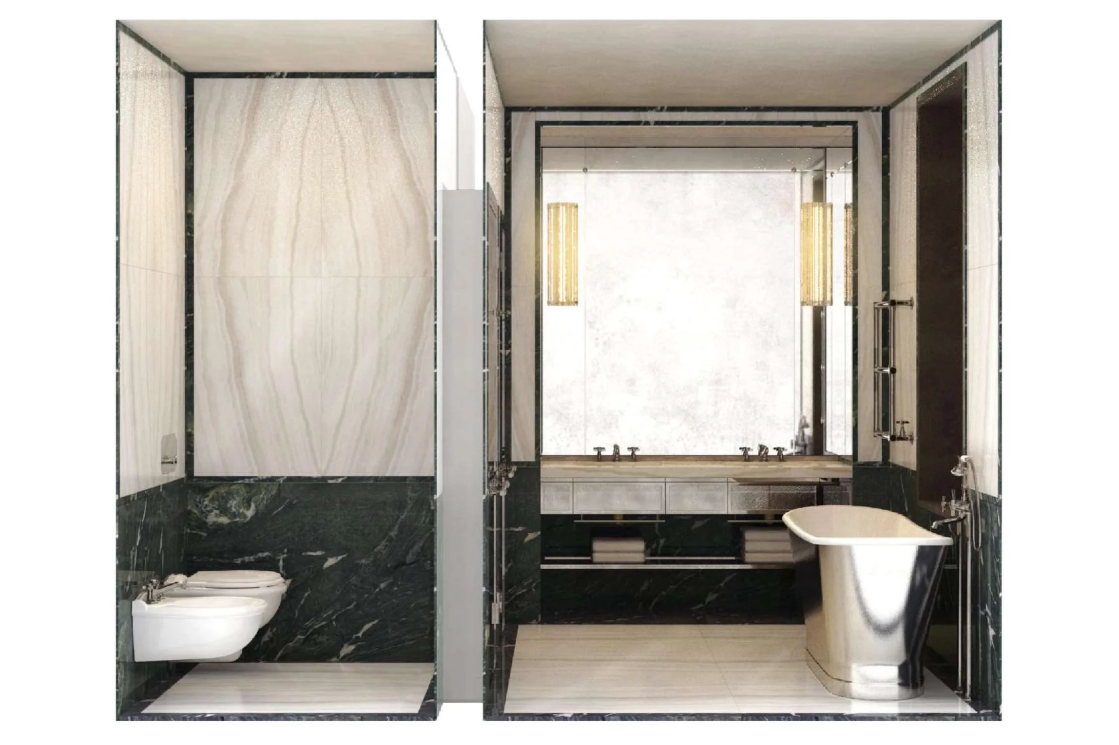 Bain avec baignoire chic, éclairage élégant, murs en marbre noir et beige clair, lavabo et toilettes.