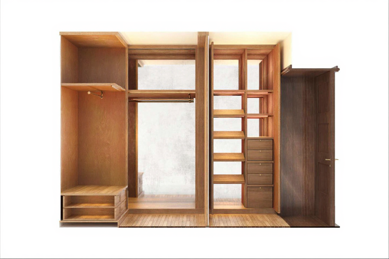 Armoire en bois avec plusieurs compartiments et étagères, portes, et tiroirs.