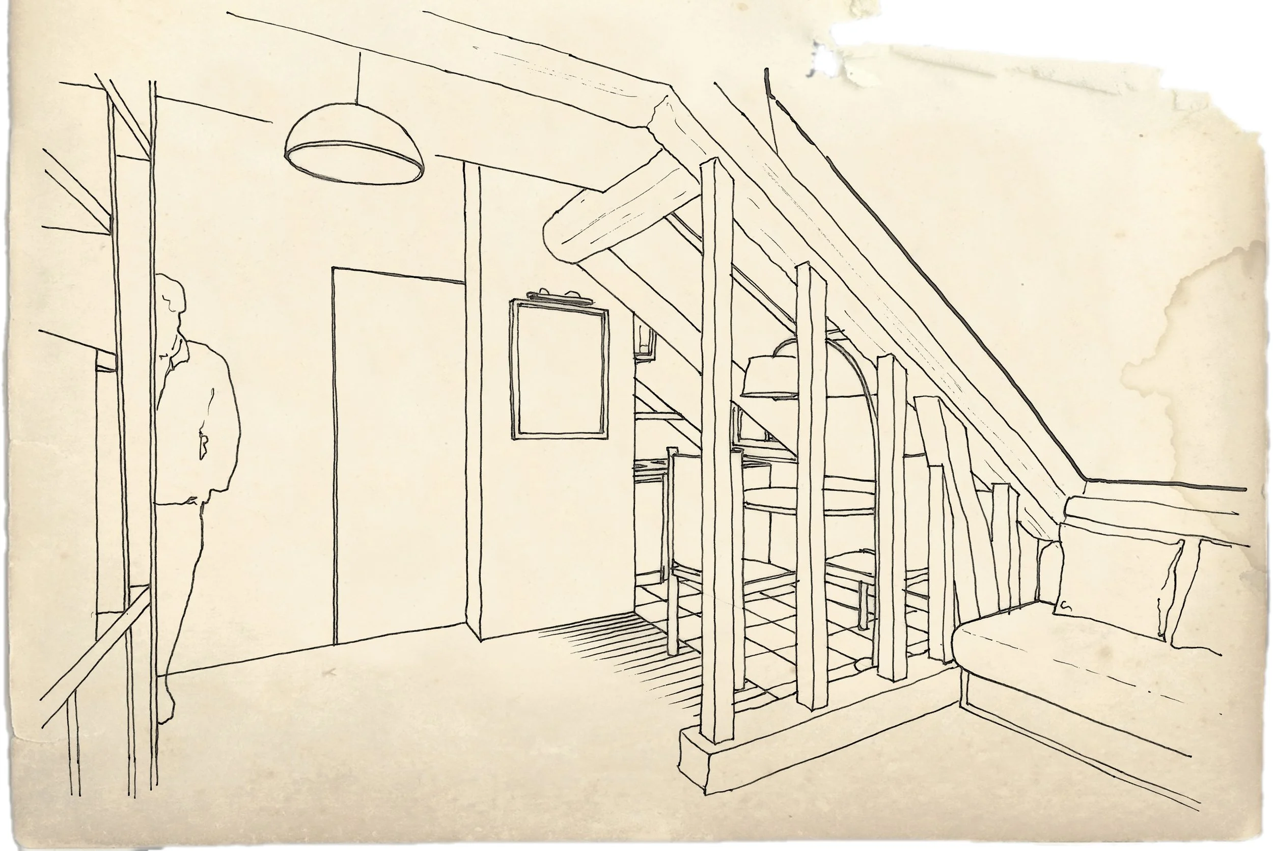 Dessin au trait d'une pièce intérieure avec poutres apparentes, un canapé, une personne debout près d'une porte et une lampe suspendue au plafond.