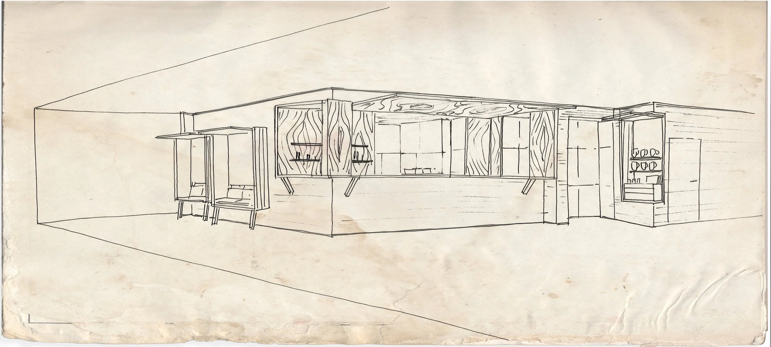 Dessin d'une cuisine moderne avec armoires en bois, plan de travail et étagères, vue en perspective
