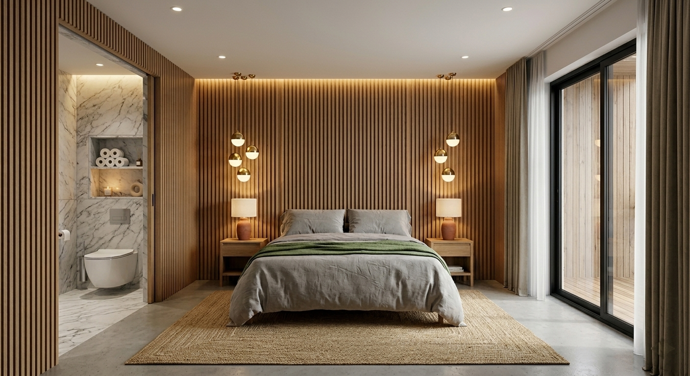 Vue frontale de la chambre sur la tête de lit.