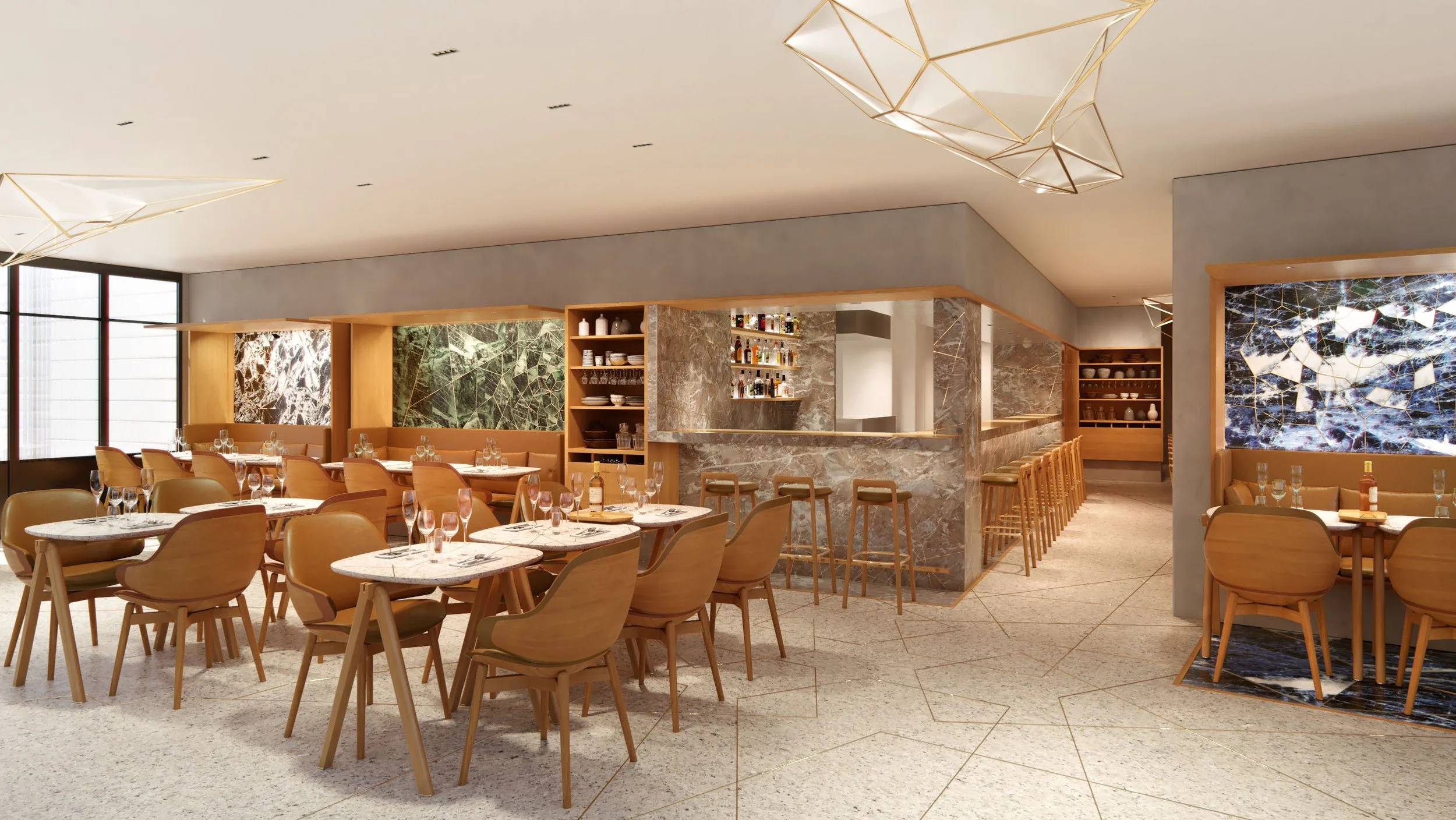 Un restaurant élégant avec des tables en marbre, des chaises en bois, un bar en marbre avec des tabourets, et des décorations modernes avec des lumières suspendues en forme géométrique.