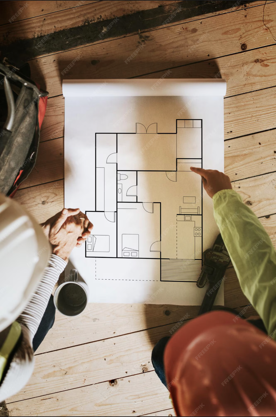 Plan de maison sur un tableau dans une pièce en bois, avec deux personnes en casque de protection. 