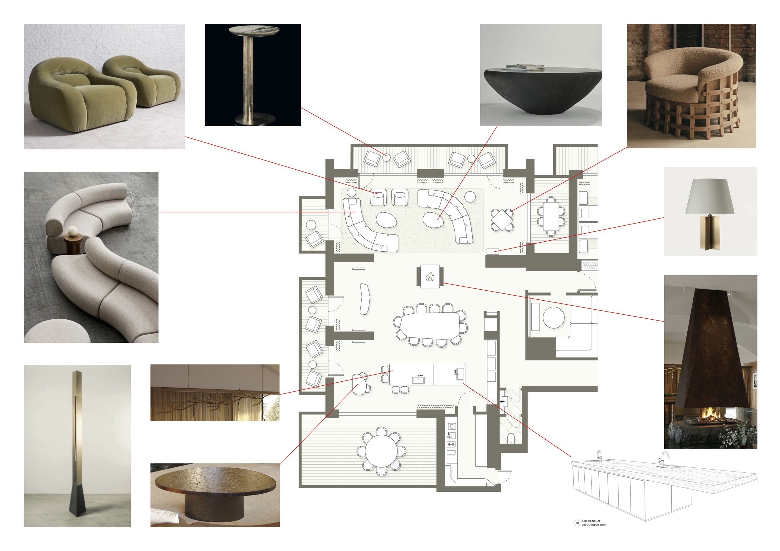Plan d'un intérieur de maison avec des meubles modernes et des éléments de décoration. Il inclut deux fauteuils en tissu beige, un canapé en forme de U, une table d'appoint, deux lampes, ainsi que d'autres meubles design et décorations visibles dans des images en dehors du plan.
