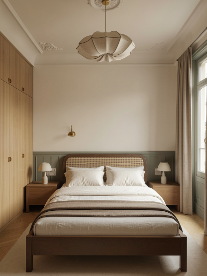 Chambre à coucher moderne avec un lit double, deux tables de chevet avec lampes, un panneau en bois sur le mur, une armoire en bois, et une grande fenêtre avec rideaux.