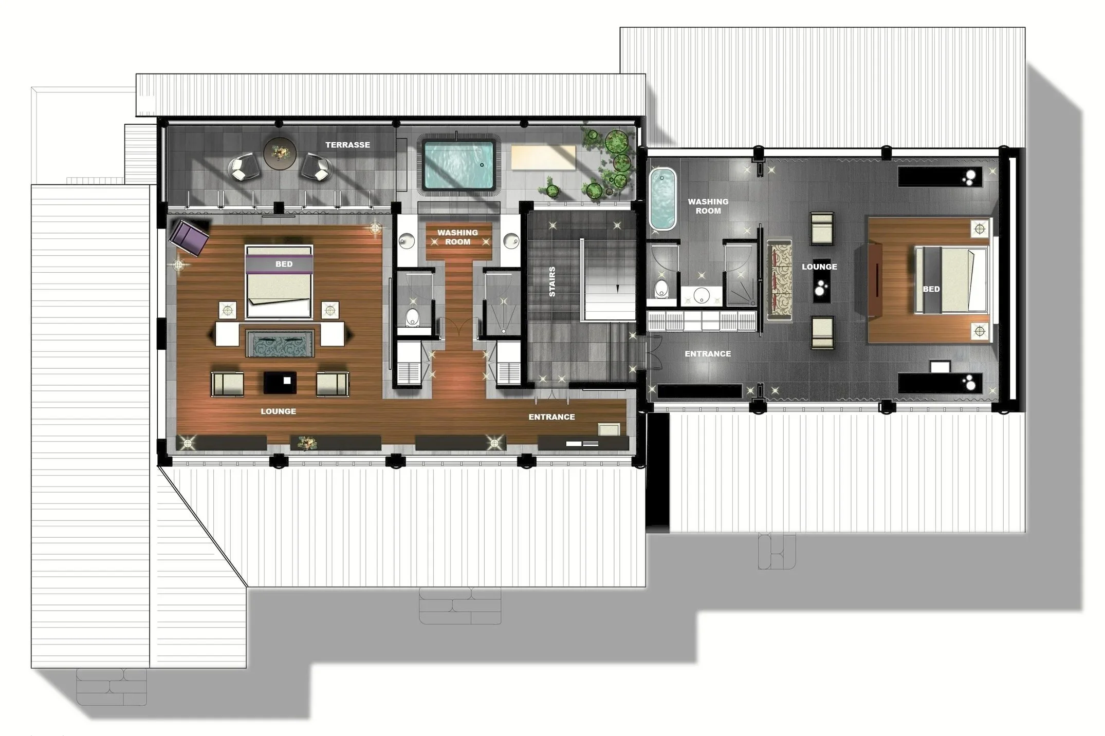 Plan d'étage d'une maison avec deux zones principales, comprenant des salons, chambres, salles de bain, terrasses, et une salle de lavage.